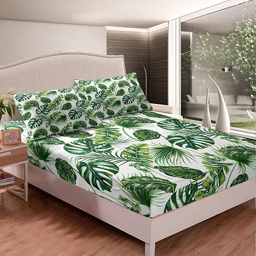 Miniatura 3 de Erosebridal Juego de sábanas hawaianas de hojas de palmera Monstera con hojas de plátano de Monstera, tamaño King, hojas tropicales de verano,