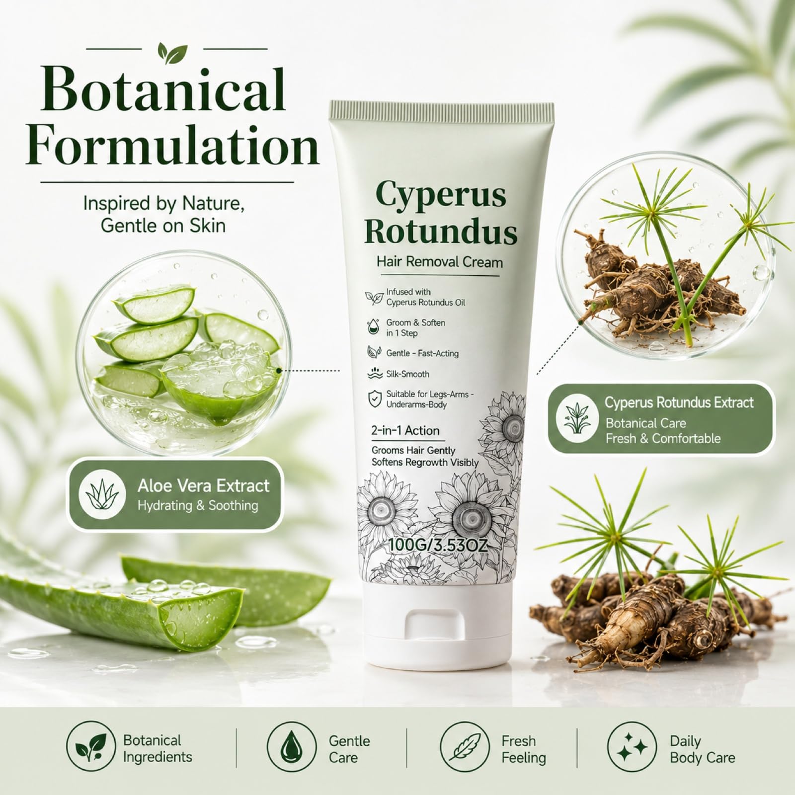 Cyperus Rotundus - Crema depilatoria a base di erbe, crema depilatoria naturale delicata per corpo e zona bikini con raschietto, 2 in 1 (5 pezzi)