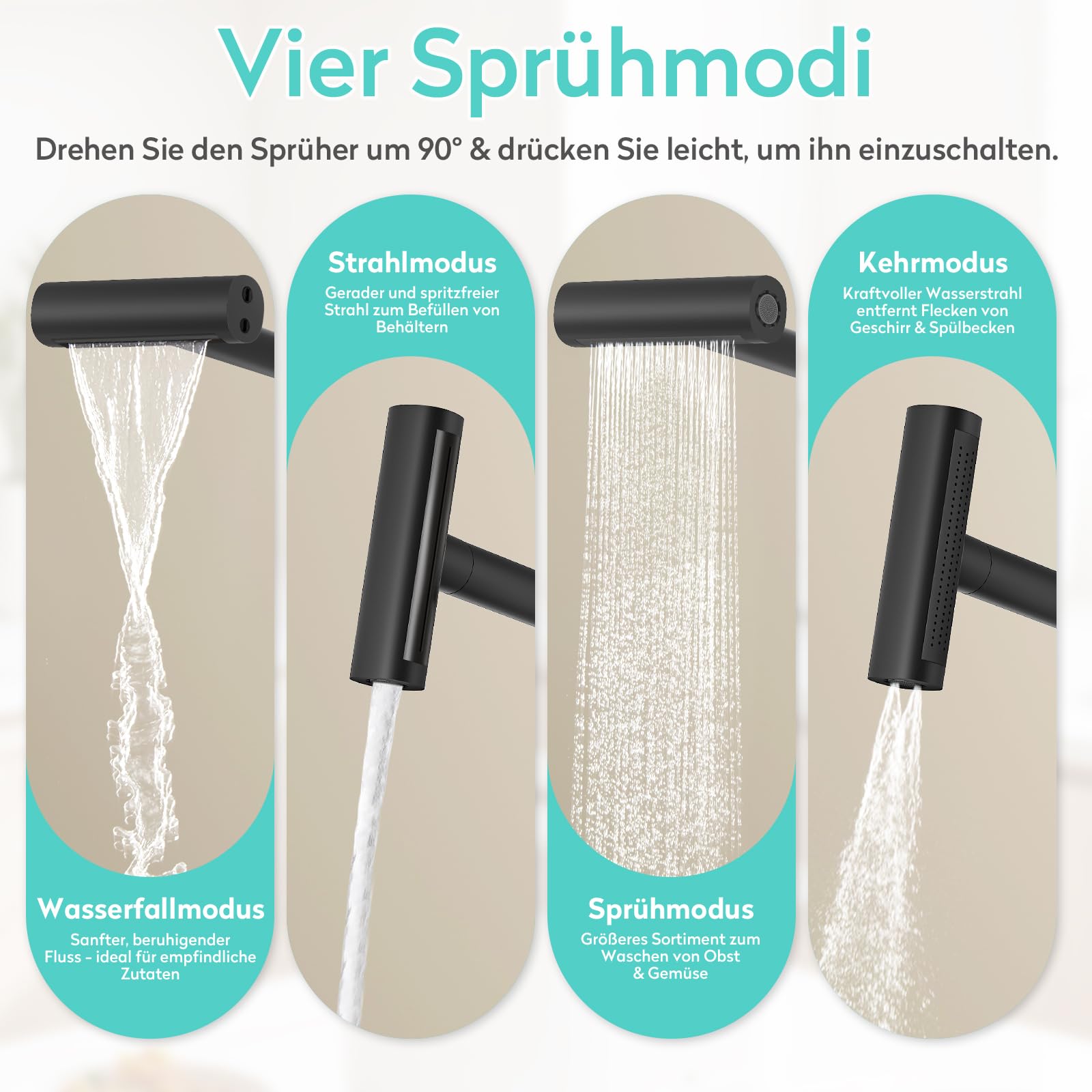 KAIYING Hochdruck Wasserhahn Küche Ausziehbar mit Temperaturanzeige | Batterielos Wasserfall Küchenarmatur Ausziehbar, 360° Schwenkbar Spültischarmatur Küche mit Vier Sprühmodi, Schwarz