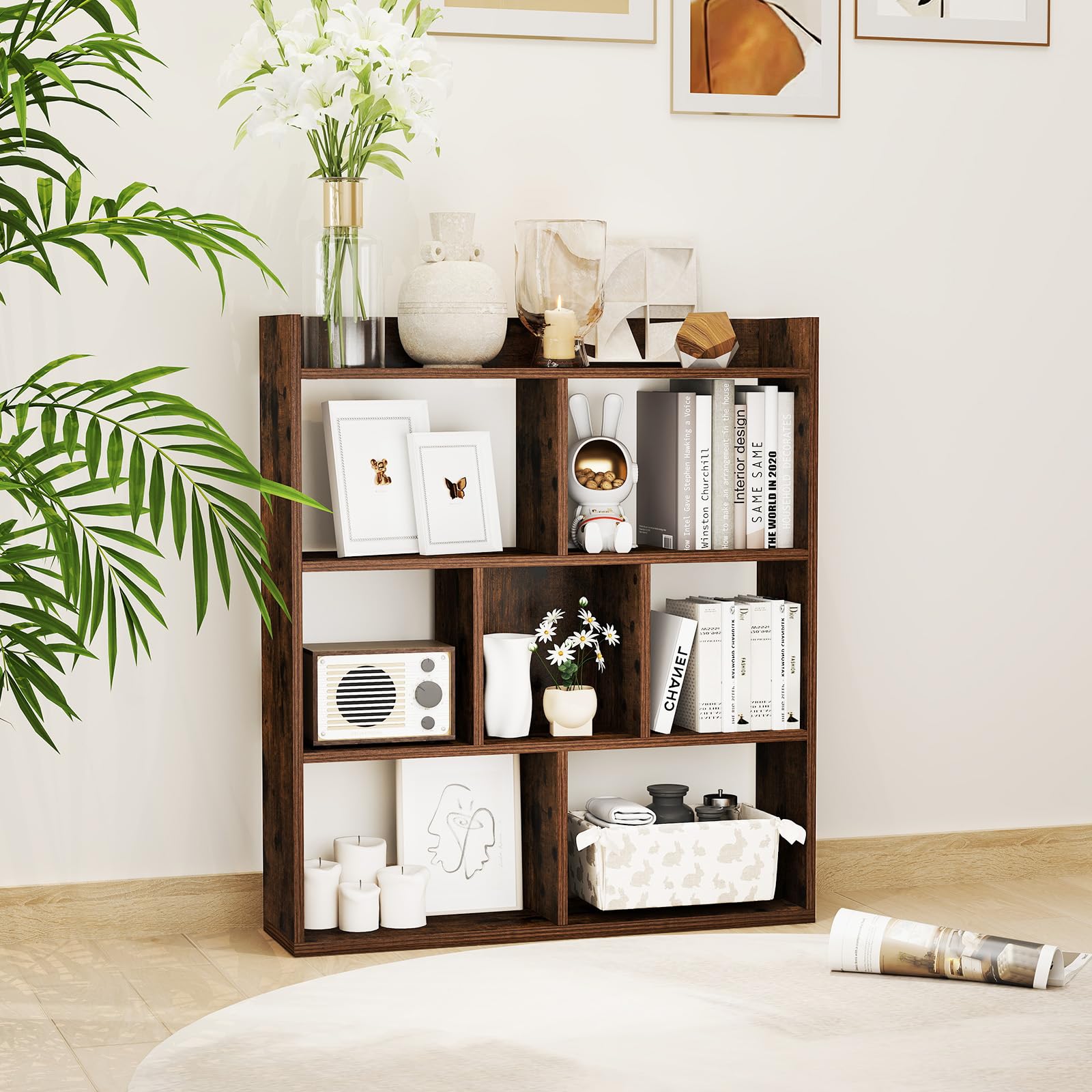 COSTWAY Libreria a Cubi con 7 Scomparti, Mensola Espositiva per l'Archiviazione, Libreria in Legno con Dispositivi Anti-Ribaltamento, per Studio Soggiorno, 80x20x90 cm (Caffè)