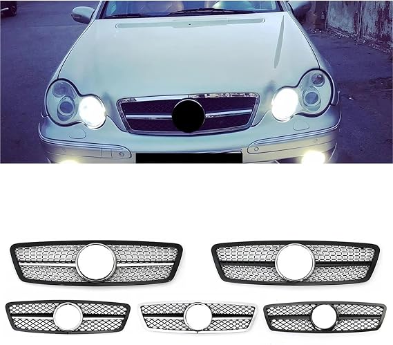 Front Ribbed Grill For Benz For C-Class W203 2001-2007 Sedan 4D Wagon Glossy Black AMG Style Front Bumper Grille Diamonds Racing(Diamond-Chrome Black)