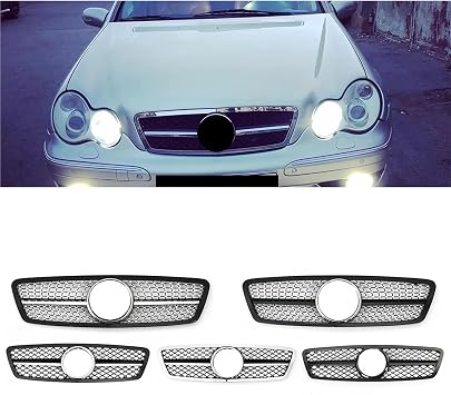 Front Ribbed Grill For Benz For C-Class W203 2001-2007 Sedan 4D Wagon Glossy Black AMG Style Front Bumper Grille Diamonds Racing(Diamond-Chrome Black)