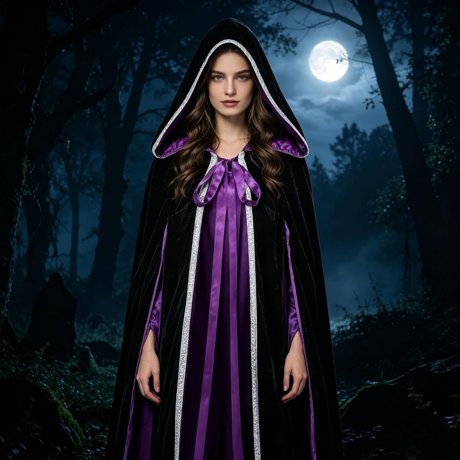 Colorful House Elegant Lace Trim Witch Cape for Halloween Costume Cloak in Black and Purple for Adult
