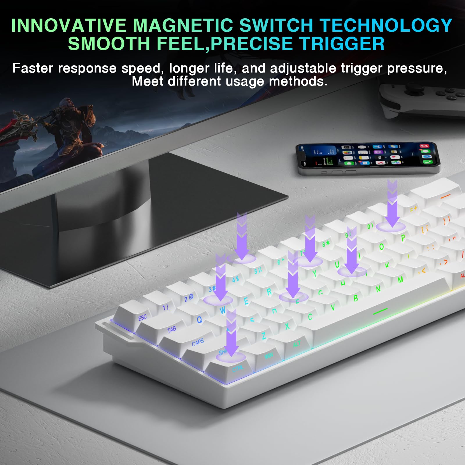 AULA MINI60 Wireless Gaming Keyboard,BT5.0/2.4GHz/Wired,Hall Effect Magnetic Switches,0.01mm RT Accuracy,Adjustable Actuation,8KHz Polling,RGB,WEB Driver,60% Percent Mechanical Keyboard (White) — view 5