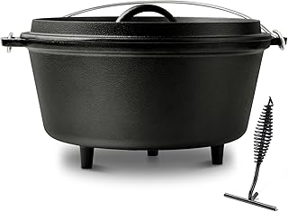 10 QT Pre-Seasoned Cast Iron Camp Dutch Oven with Lid, Large Camping Dutch Oven Pot, incl. Lid Lifter - Dual Handles - for Outdoor Campfire, Grill, Oven&Stovetop Cooking - Black