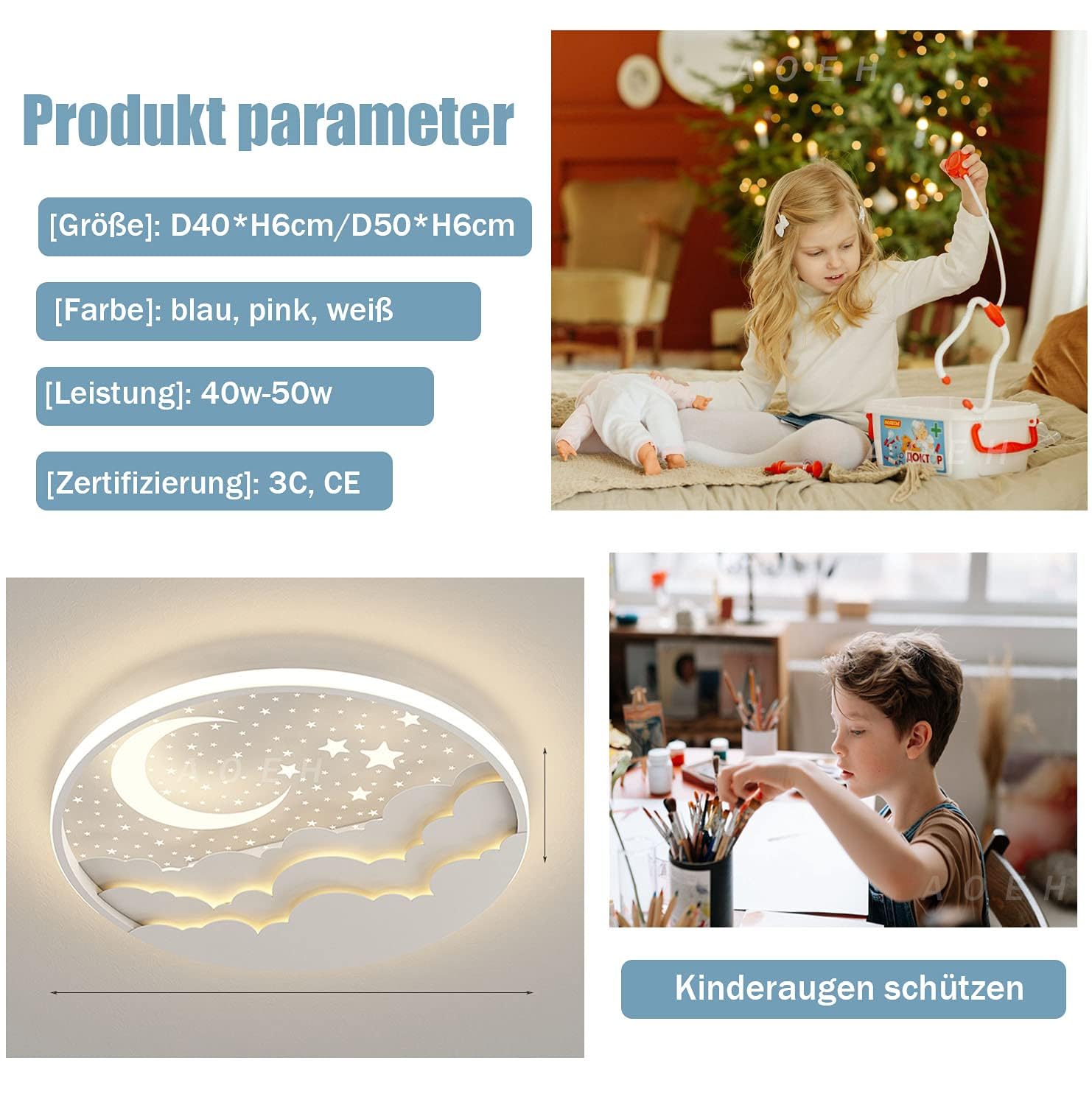LED Kinder Deckenlampe Stern Mond Deckenleuchte Acryl Lampenschirm D50cm 50W Weiß Fernbedienung