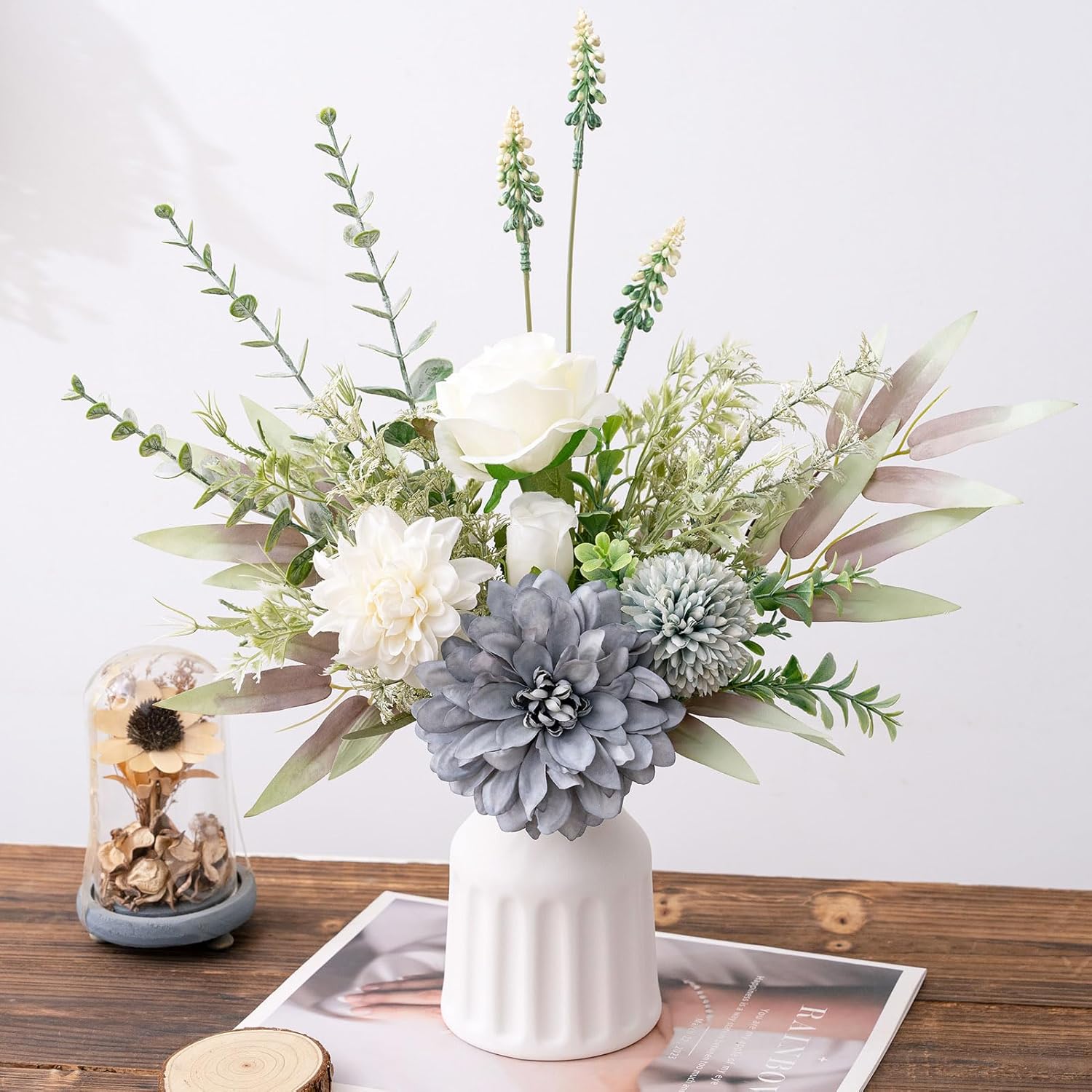 Fake Flowers in Vase, Artificial Flowers with Vase, 15.7'' Floral Arrangements for Dining Table Centerpiece Decor, Silk Roses & Faux Dahlia Bouquet for Farmfouse Kitchen Coffee Table Decor (Blue) - Image 2