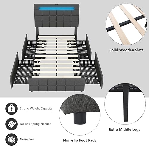 Miniatura 8 de KOMFOTT Base de cama matrimonial con estación de carga y luces LED, base de cama tapizada con cabecera ajustable y 4 cajones de almacenamiento,