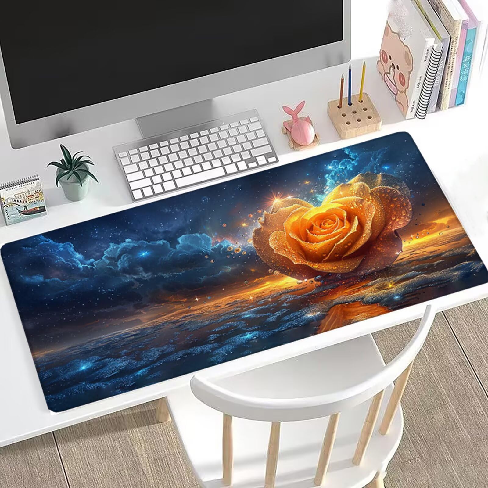 Podkładka pod mysz XXL 150 x 80 cm do gier różowa pod biurko duża podkładka pod mysz z antypoślizgową podstawą, żółta podkładka pod mysz, akcesoria do biura do pracy w domu, klawiatura i mysz PC H0
