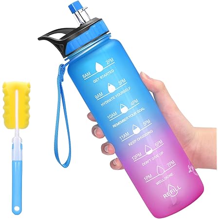 Favofit Water Bottle with Straw, Premium Motivational Sports Water Bottle with Time Marker, 32 oz Reusable BPA-Free Water Jug for Sports/ Fitness/ Gym/ Outdoor