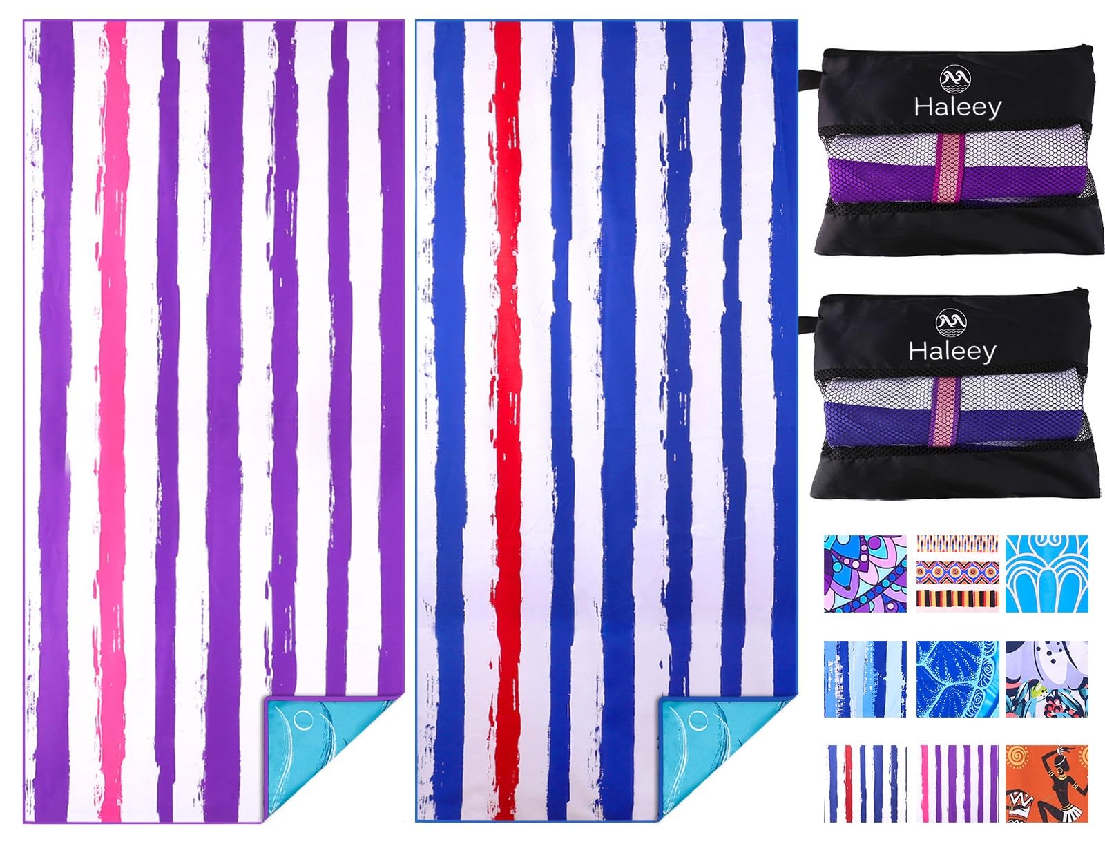 Haleey 2 Pack Microfibre Lightweight Beach Towel 180x80cm Oversized Extra Large Thin Sand Free Towels Travel Swim Pool Yoga Gym Camping for Adults Women Men Beach Essentials Accessories Vacation Gift