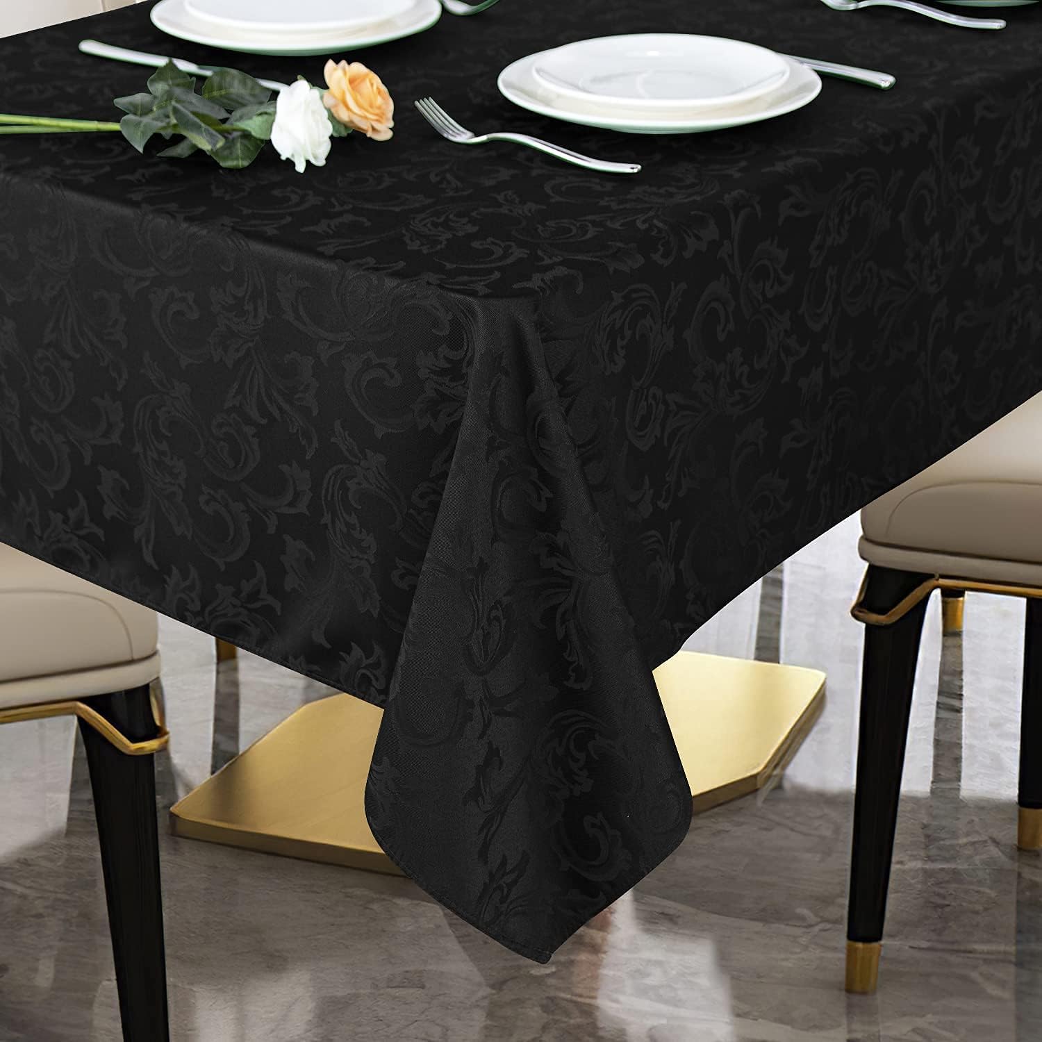 Obstal 210GSM Solid Flower Jacquard Table Cloth - Heavy Duty Waterproof Wrinkle Free Microfiber Tablecloth, Decorative Fabric Table Cover for Outdoor and Indoor Use (Black, Rectangle 60 x 84 Inch) : Home & Kitchen