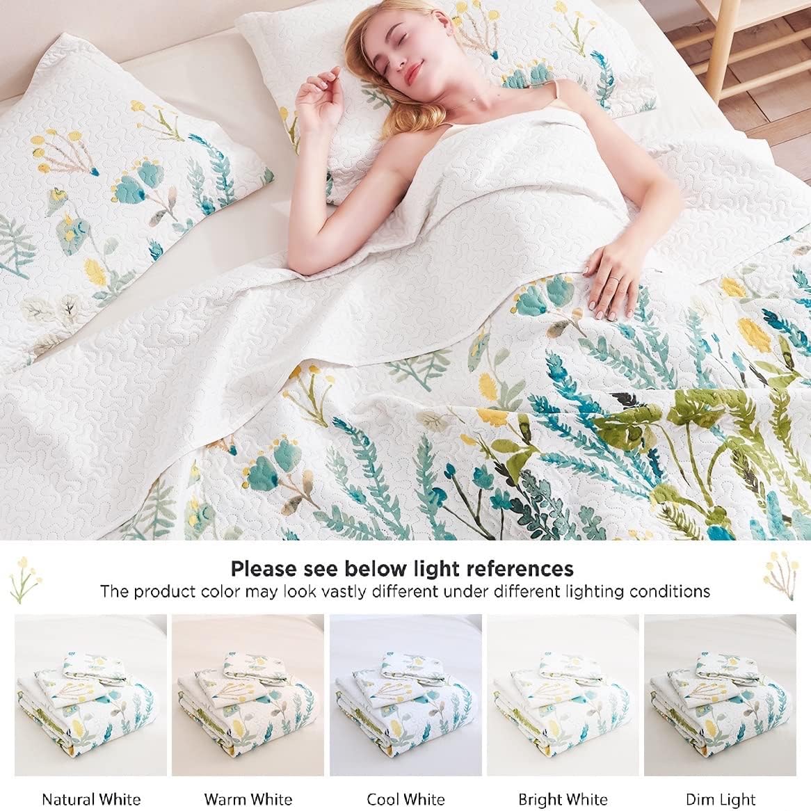 Full/Queen Size Floral Quilt Set for Bed Lightweight Green Yellow Leaves Botanical Bedspread Daybed Cover Coverlet Lodge Cabin Garden Floral Bed Cover Blanket Rural Blossom Bedroom Decor : Everything Else
