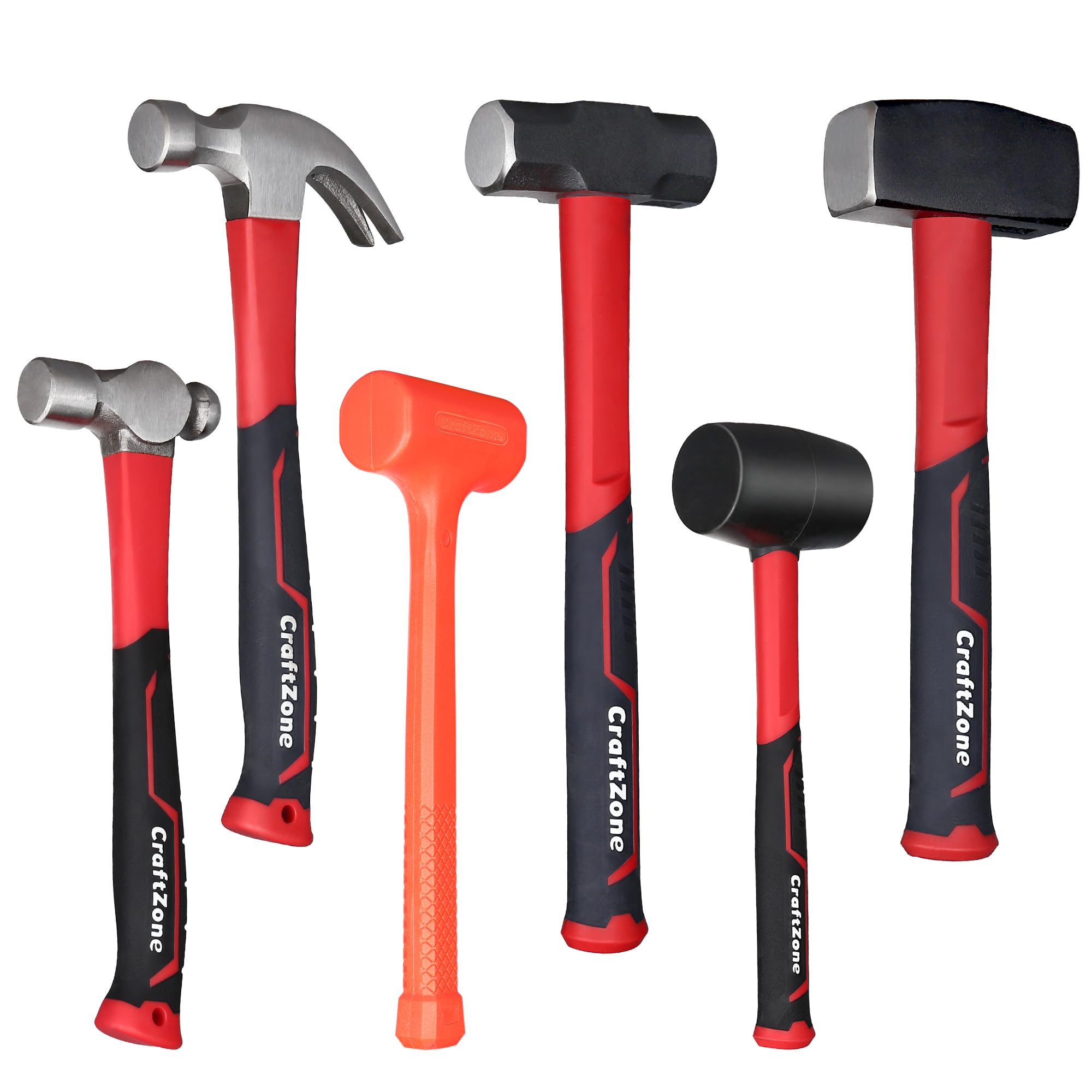 6-Piece Rubber Mallet Hammer Set with 2lb Dead Blow - 3lb Sledge & Stoning - 16oz Ball Peen Claw Hammers | Anti-Vibration Fiberglass Handles for