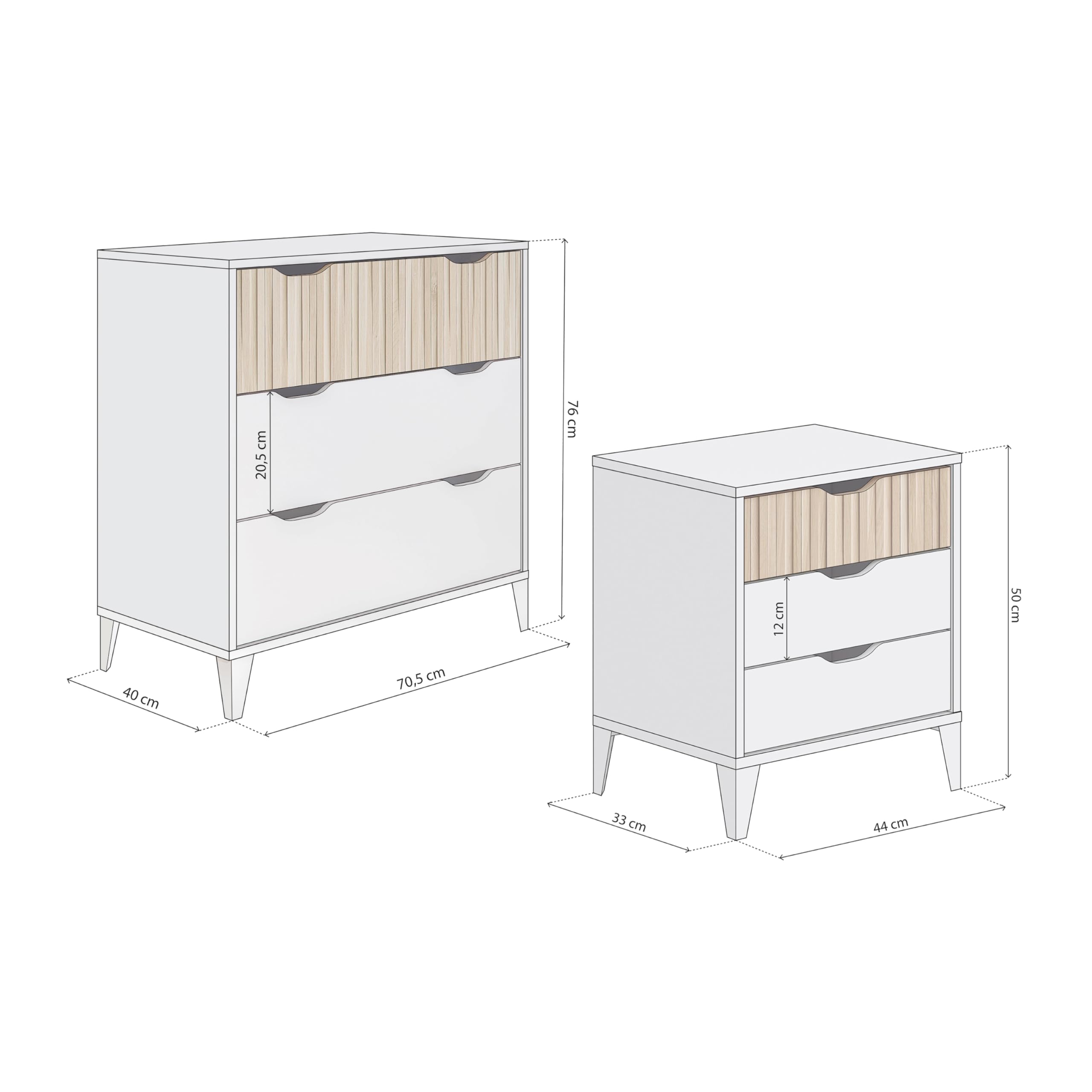 duehome | Pack de Dormitorio con 2 Mesitas de Noche + Comoda, Conjunto de Dormitorio, Modelo Nitza On 3C, Acabado en Blanco Artik y Roble Natur