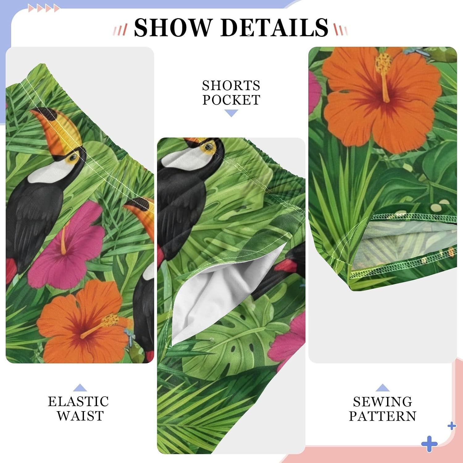 Tropical Flower Leaf Toucan Green Pajama Pants with Elastic Waist and Pockets, Soft Cozy Loungewear