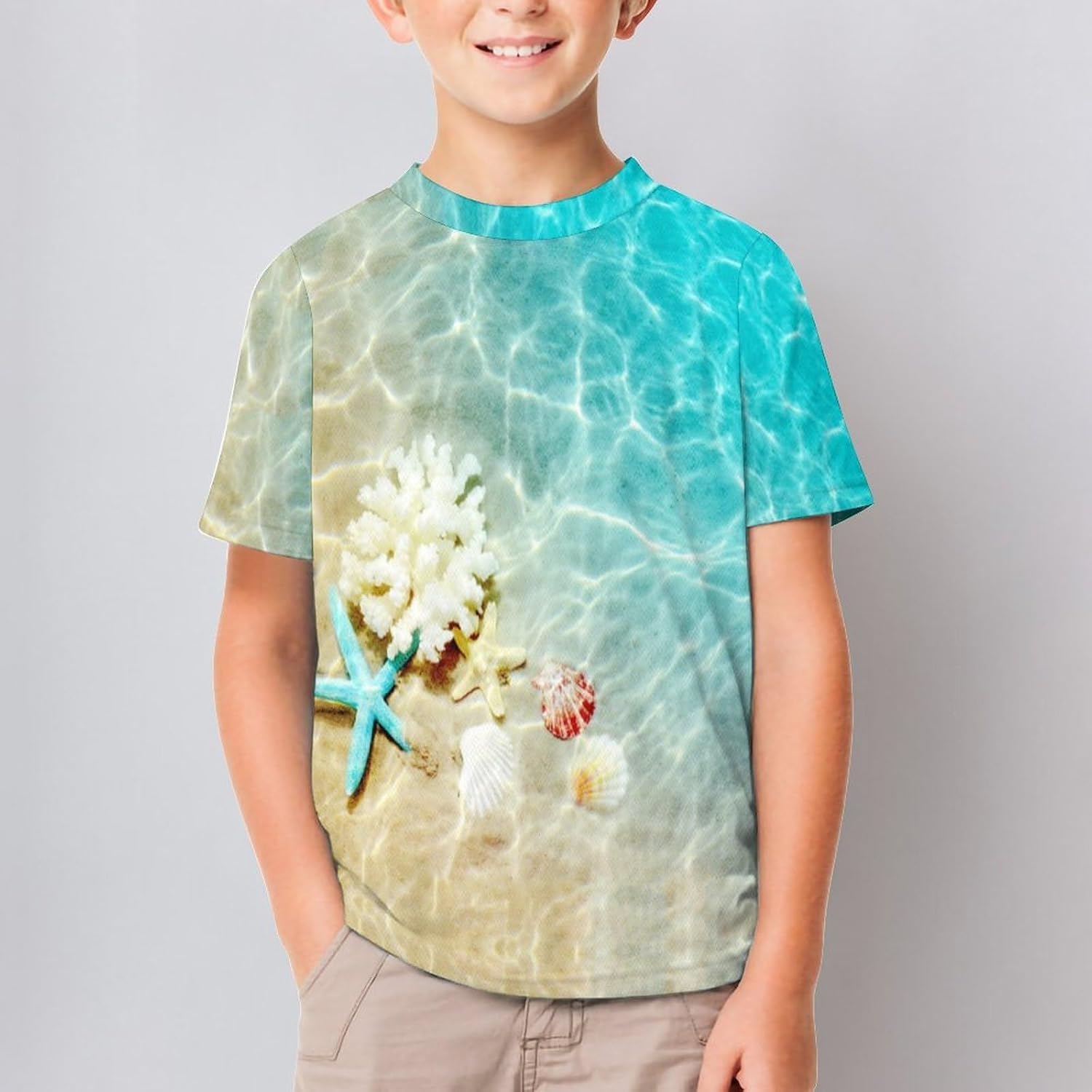 Starfish Coral and Seashell on Beach T Shirt for Boy Girl Top Short Sleeve T-Shirt Graphic Tee
