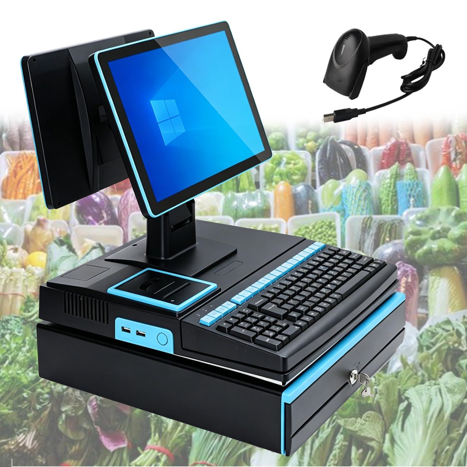 Pvxa Blue 15.6 Inch Touch Screen, Cash Register, Keyboard, Built-In 58Mm Printer, Complete Package, Pos Computer, Factory Point Of Sale, Cash Register, For Small Business Dualscreen
