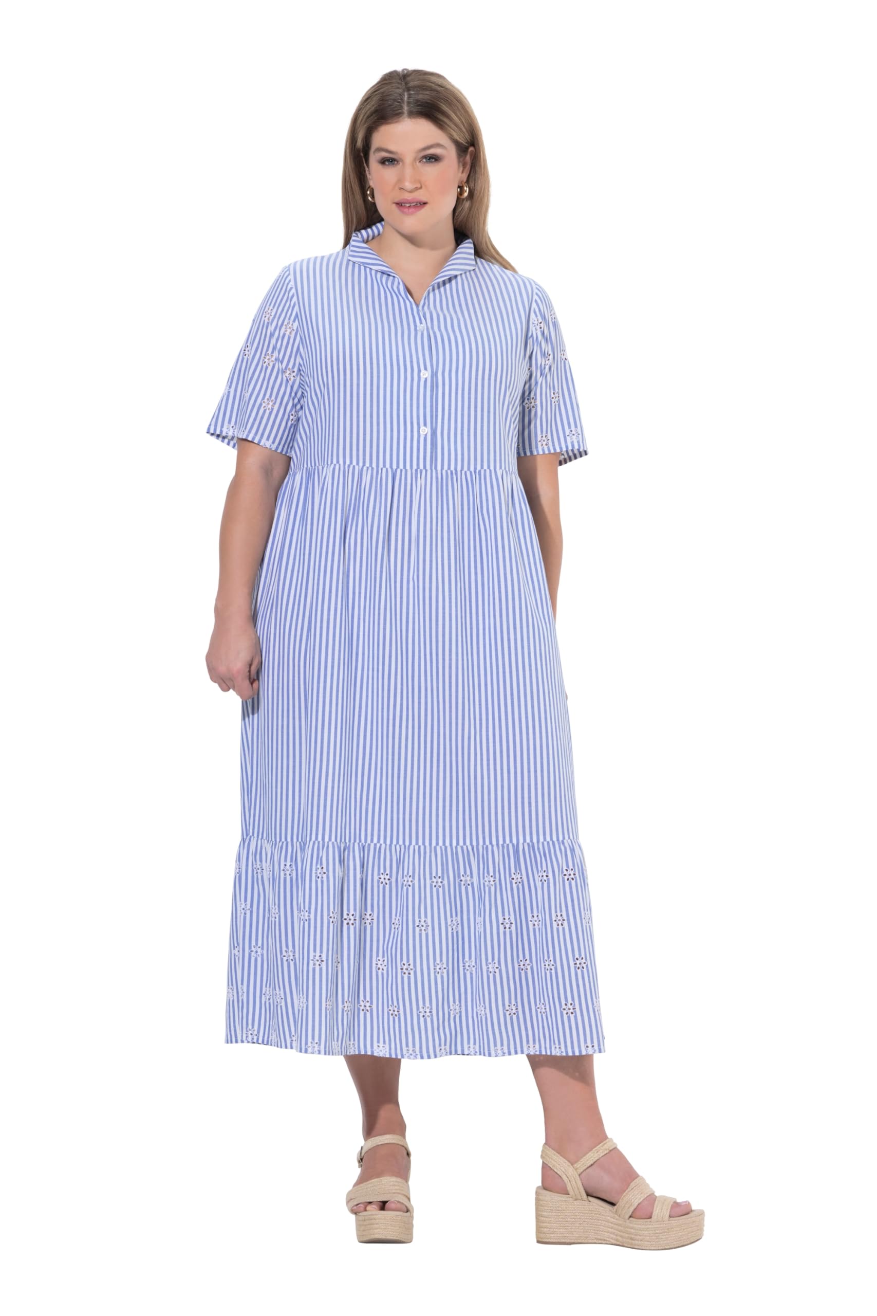 Ulla Popken Damen große Größen Übergrößen Plus Size Kleid, Streifen, A-Linie, Kelchkragen, Halbarm, Taschen 849336