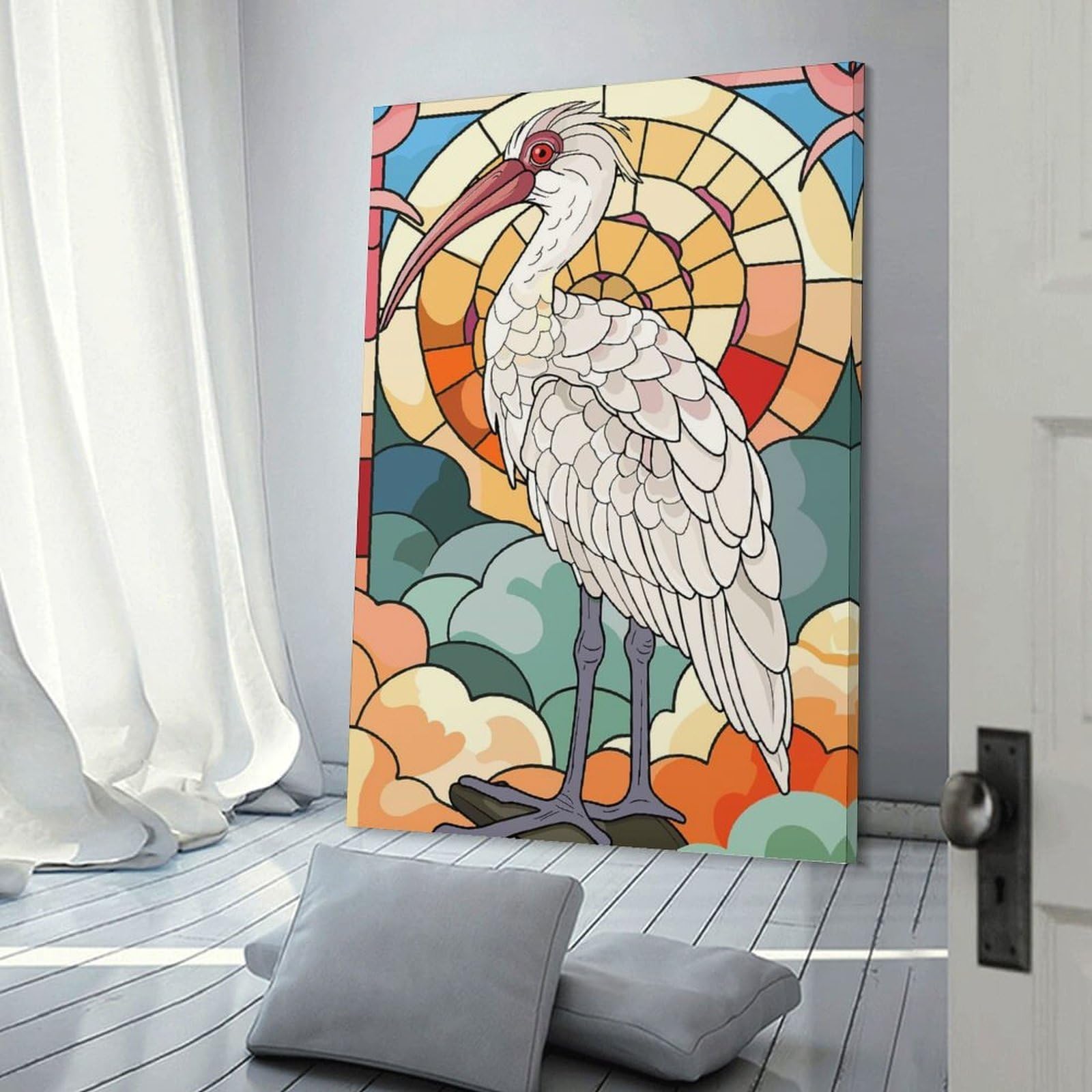 Junmoney Decorative Canvas Print Stained Glass Ibis with Sun And Clouds, 12x18inch(30x45cm), for Home Office, Desk Area Or Studio, Home Office Artwork with Decorative Appeal