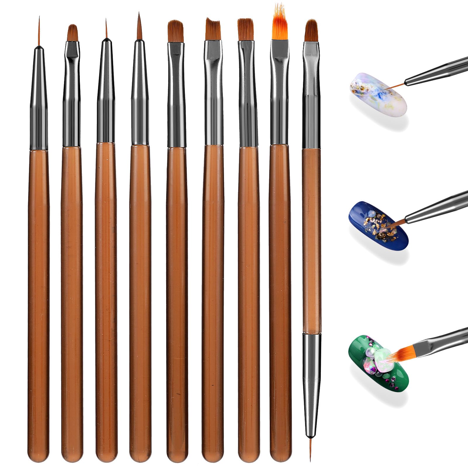 Giantree Juego de 9 pinceles de uñas, cepillo profesional de doble extremo para uñas de gel UV, herramienta para puntear uñas de gel acrílico, pincel para decoración de uñas, kit para manicura en casa