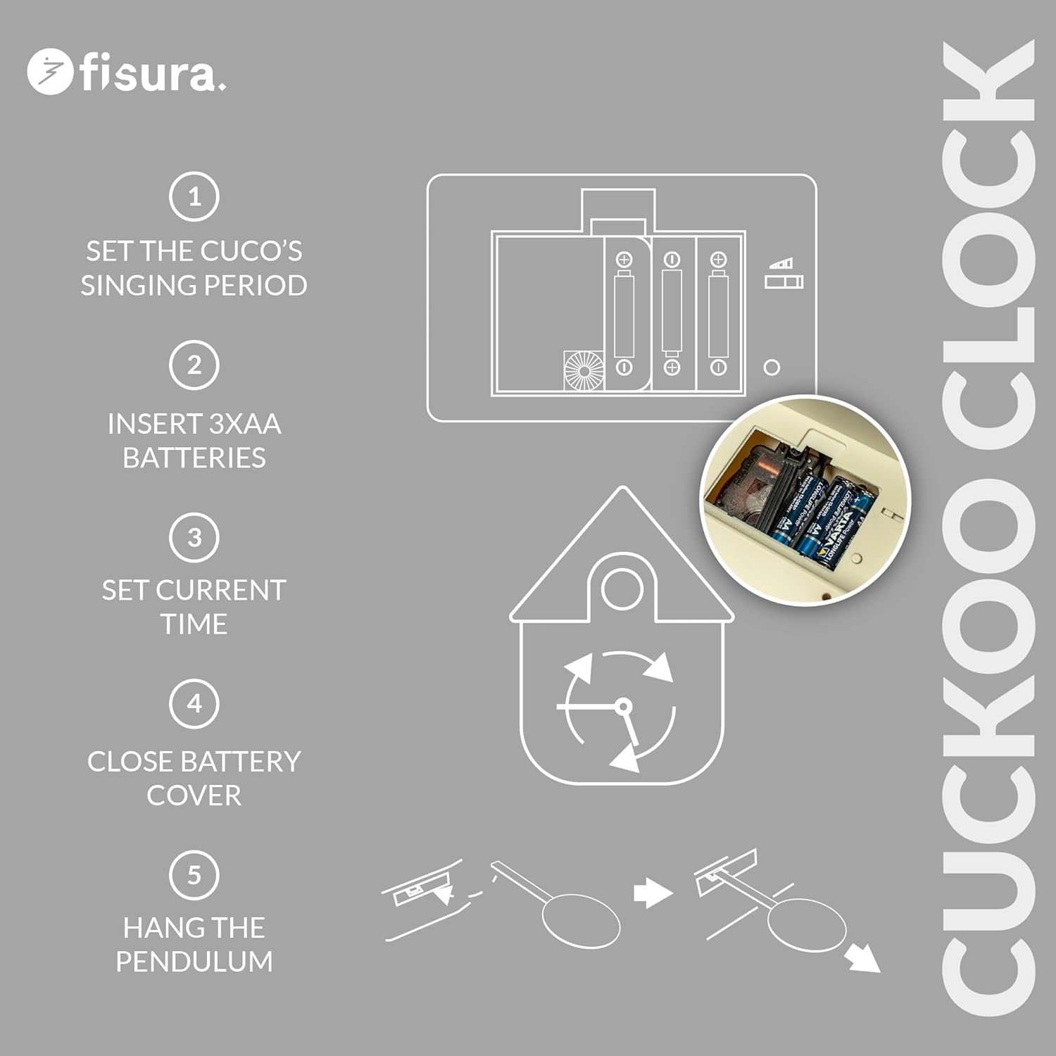 Fisura – Cuckoo Wall Clock with Color. Unique Analog Timepiece with Pendulum in ABS Plastic, Decorative Gift idea for Home. 8,5 x 3,1 x 16,3 inches. 3 AA Batteries (not Included). (White)