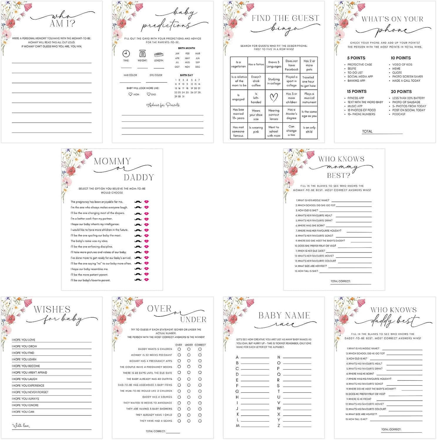 10 Floral Baby Shower Games, Baby in Bloom Activities Cards Bundle for 20 Guests, Sweet Pink Spring Flower Party Games, Mom-to-be Party Supplies