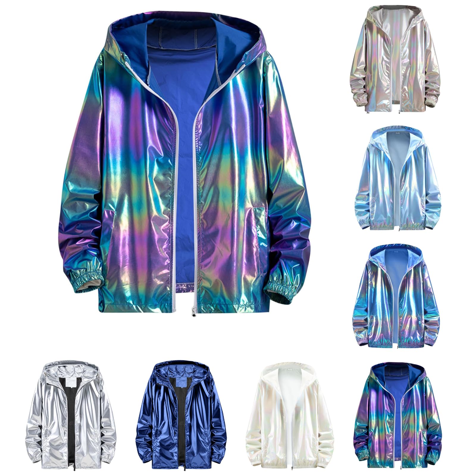 Silver Metallic Glitter Jacket Men Women Carnival Costume 80s 90s Disco Bomber Jacket with Hood Zip Sequins Vintage Sports Jacket Wind Jacket Long Sleeve Coat Winter Jacket Streetwear, Blue #1, 7XL — image 1