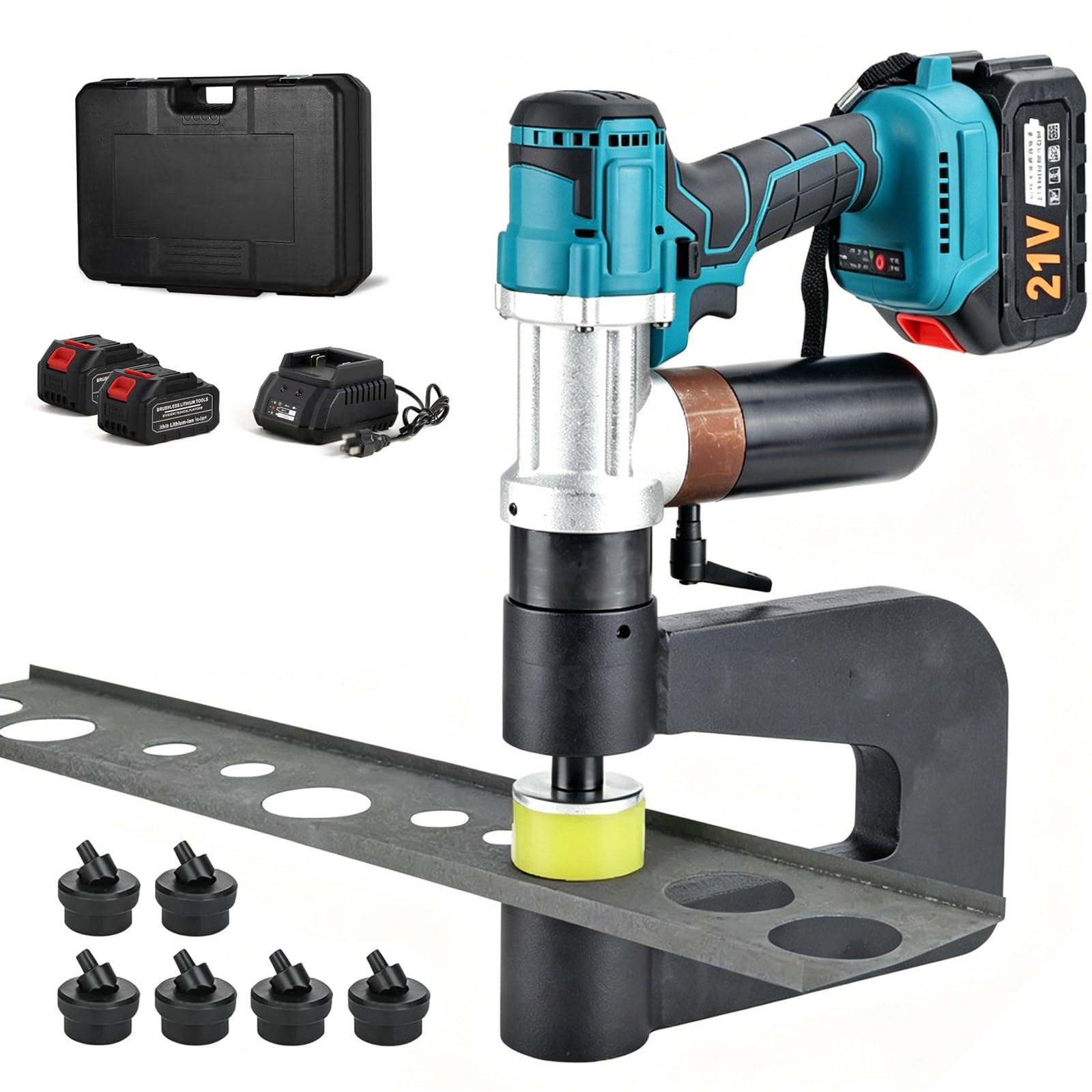 Punzonatrice Idraulica a Batteria Senza Fili - 2 Batterie Incluse, Punzonatura 16-50 mm con 6 Set Punzoni e Matrici, ad Alta Precisione per Lamiera di Ferro, Alluminio e Acciaio Inox MZS 50X
