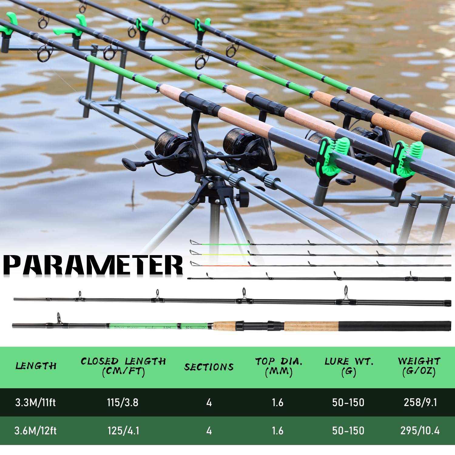 Sougayilang 3-teilige Feeder- und Karpfenrute, Angelrute aus Kohlefaser, 11ft und 12ft, mit 3 Spitzen (S, M, L), Eva + Korkgriff, leichtes Design für das Karp Angeln von Süßwasserfischen