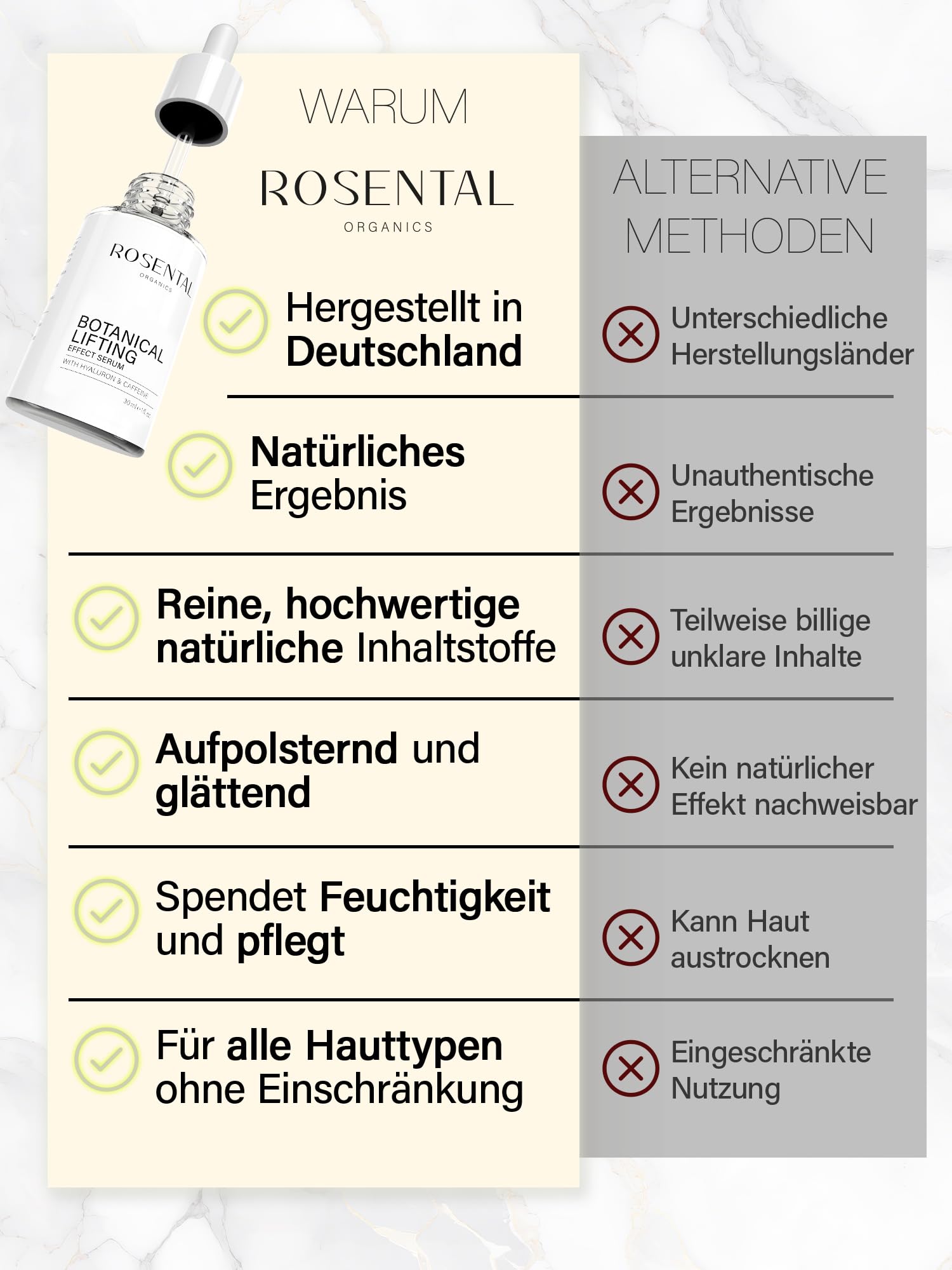 ROSENTAL ORGANICS Natural Botanical Lifting Effect Serum mit Hyaluron und Koffein Anti Falten Gesichtspflege - Hyaluronsäure-Gesichtsserum - Feuchtigkeitsserum - Anti-Aging Naturkosmetik (30ml)