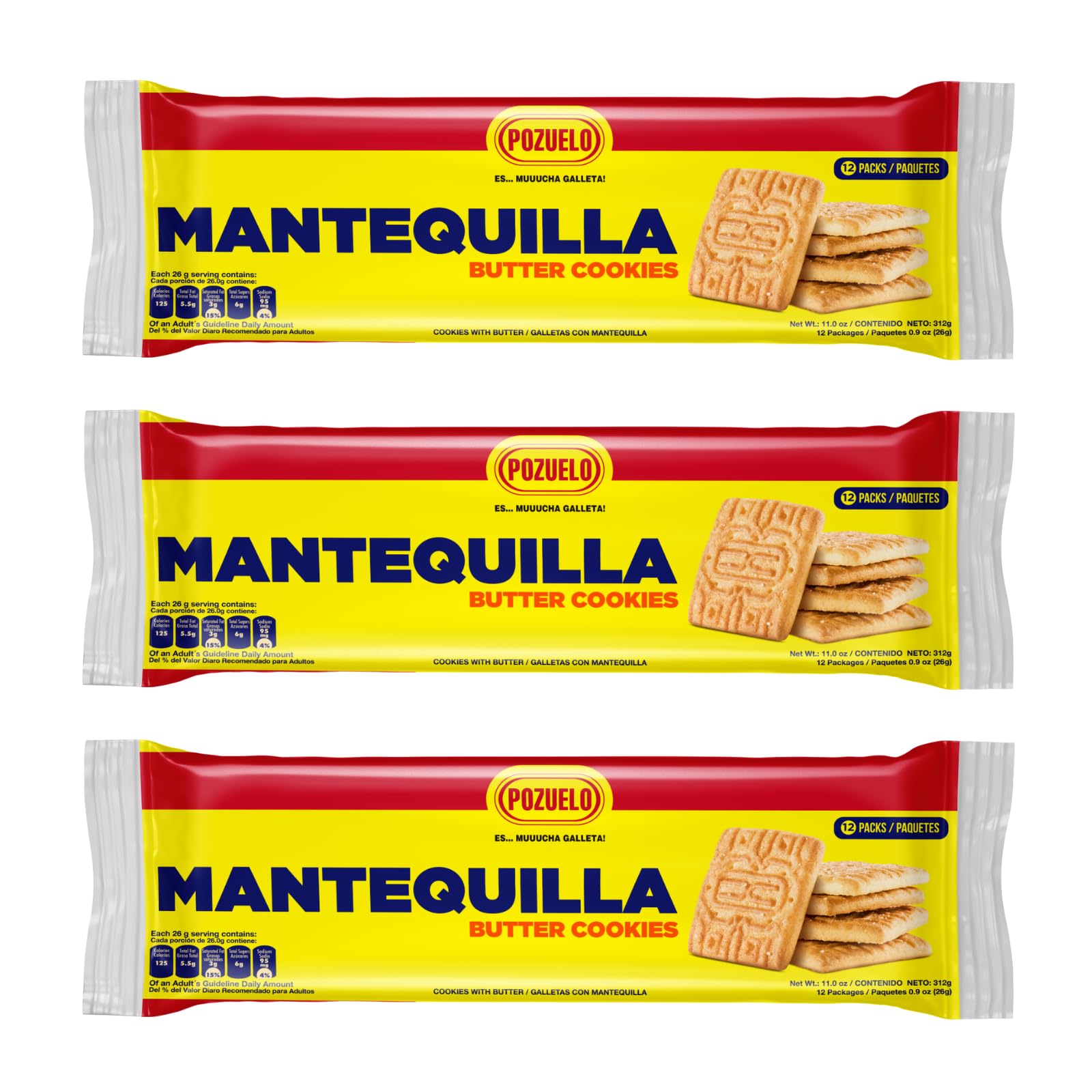 Pozuelo Mantequilla Butter Cookies | Made with Real Butter | Great with Coffee | 11.0 OZ (Pack of 3)