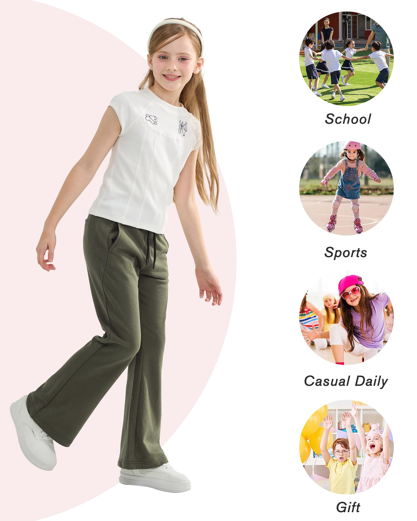 Rolanko Pantaloni della tuta a zampa larga da ragazza con elastico in vita pantaloni a campana per bambini con tasche 5-12 anni