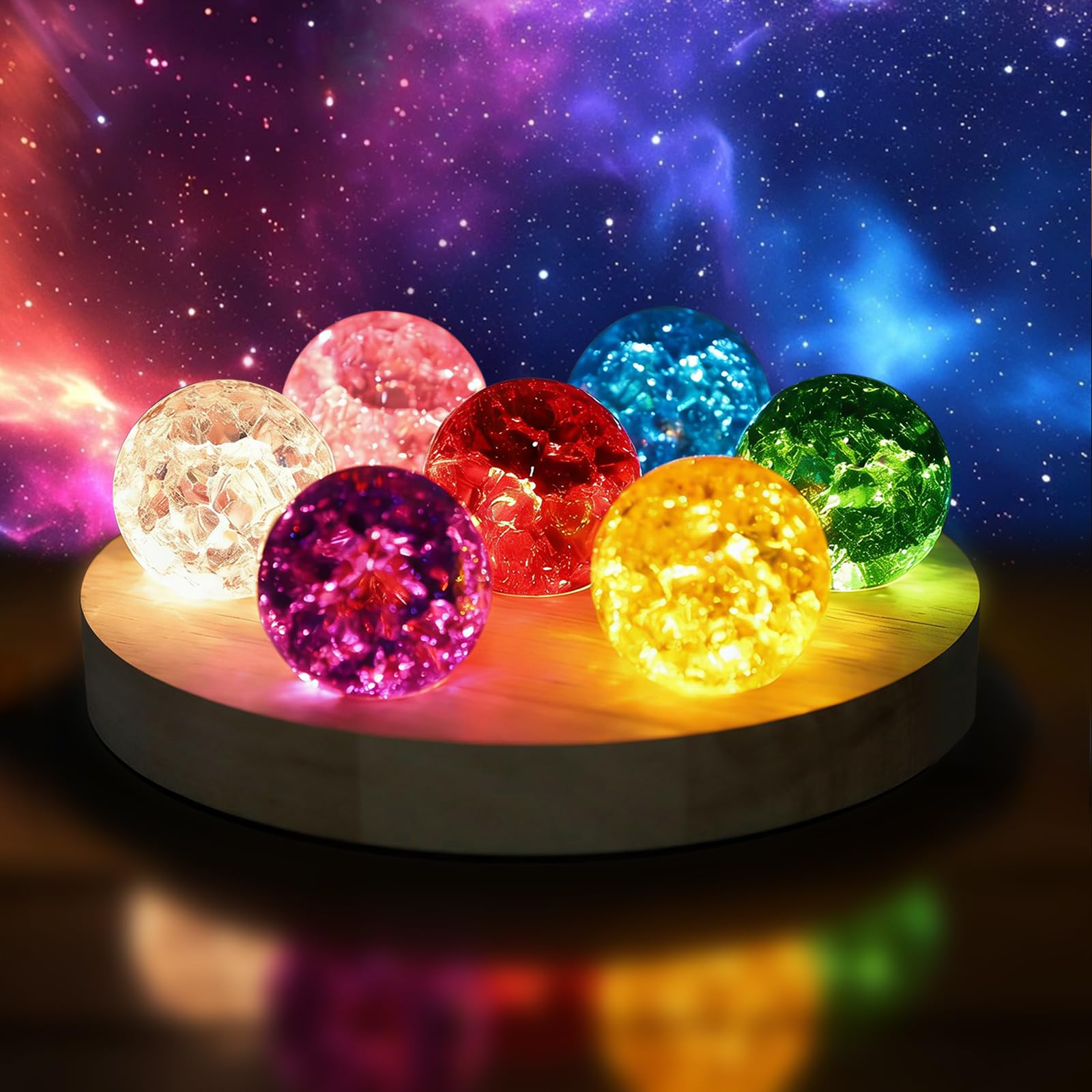 7 kolorowych szklanych kryształowych kul z lampą LED drewniany stojak, naturalne czakry kule nocne światło, obsługa USB, nowoczesny element dekoracyjny do salonu, 17,27 × 17,27 × 6 cm