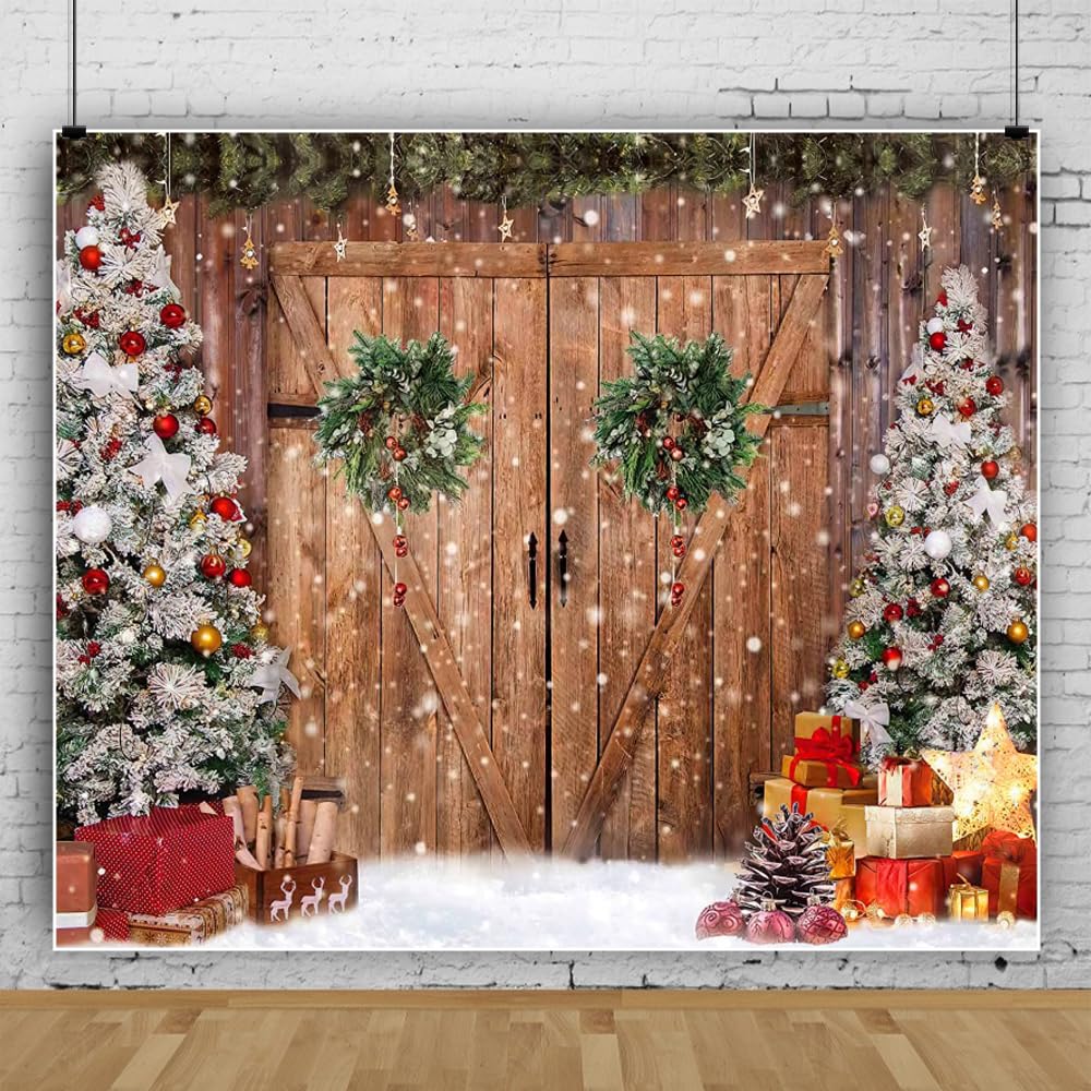 3,6 x 2,5 m Natale Porta del fienile Sfondo Albero di Natale Innevato Corona Scatola Regalo Scena di Neve Sfondo per Decorazione Festa di Vacanza in Famiglia Accessori Studio Foto