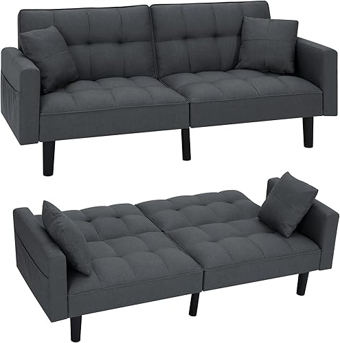 Miniatura 18 de AVAWING 74" Faux Leather Futon Sofa Bed with Adjustable Backrest 3 in 1 Convertible Futon Couch with 2 Square Pillows & Side Pockets Modern Loveseat