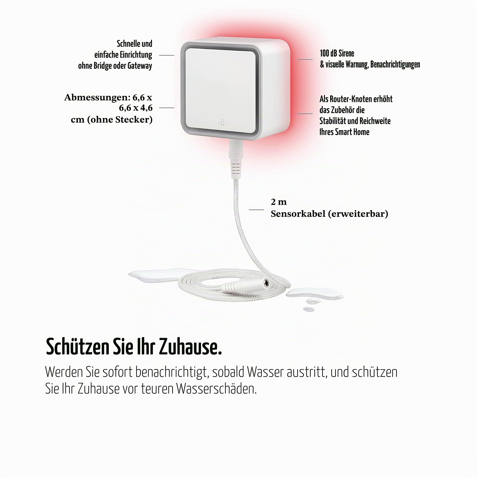 Eve Water Guard - Smart Home Wasserleckdetektor,2,0 m Sensorkabel,100 dB Sirene,(Apple HomeKit),App-Benachrichtigungen,Bluetooth,Thread, Weiß, 20EBZ8701
