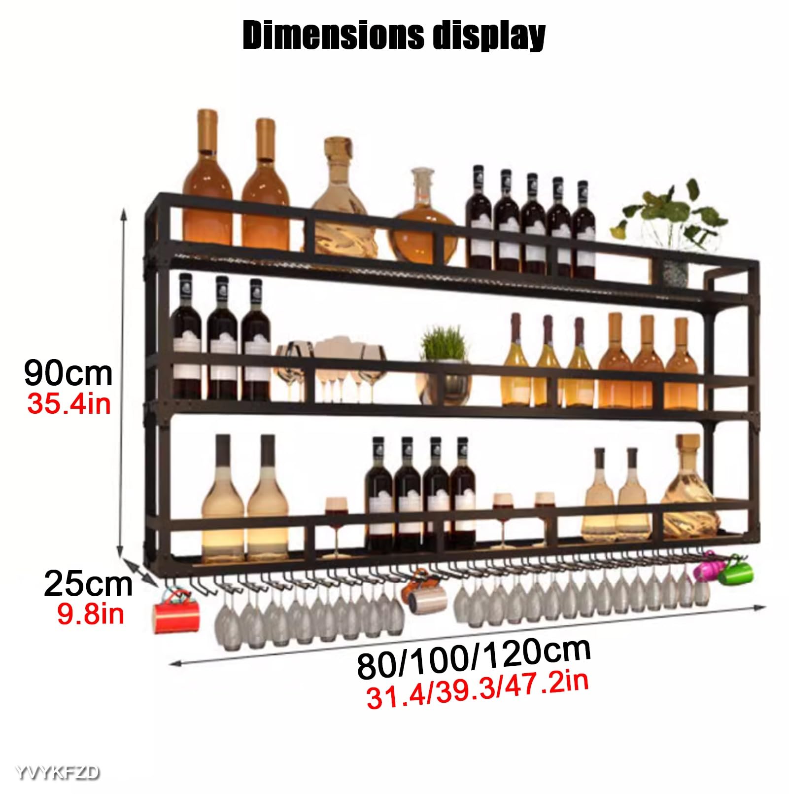 Generico Portabottiglie da Parete in Stile Industriale - Scaffale in Metallo a 3 Livelli con Luce LED e portabicchieri, Grande espositore Galleggiante per liquori per la casa, Finitura Oro (80x25x90