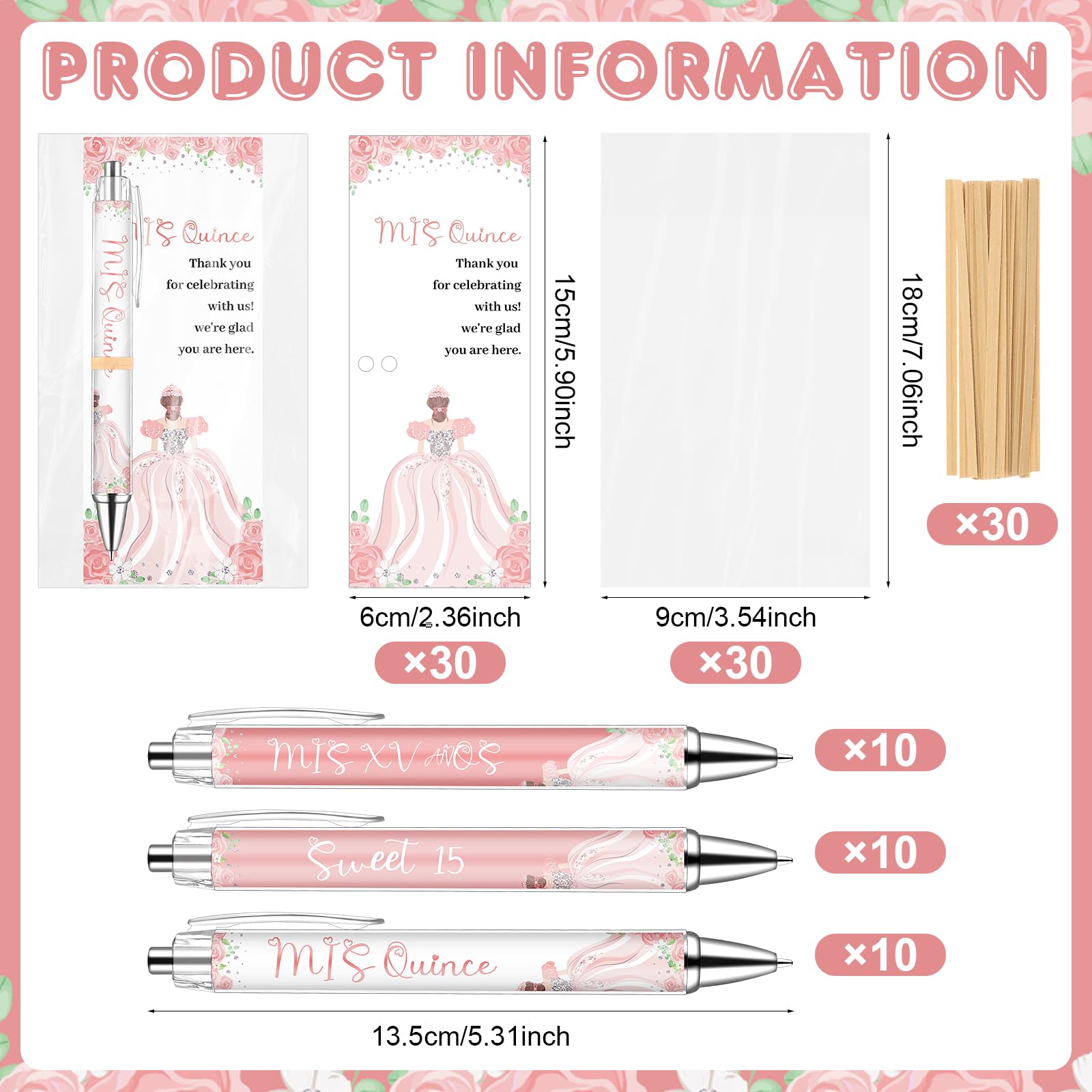30 Set Quinceanera Party Favors Include Sweet 15 Ballpoint Pens Thank You Cards Gift Bags Quinceañera Gifts Black Ink Pen Thank You Gifts for 15th Birthday Party Mis Quince Guests Souvenir