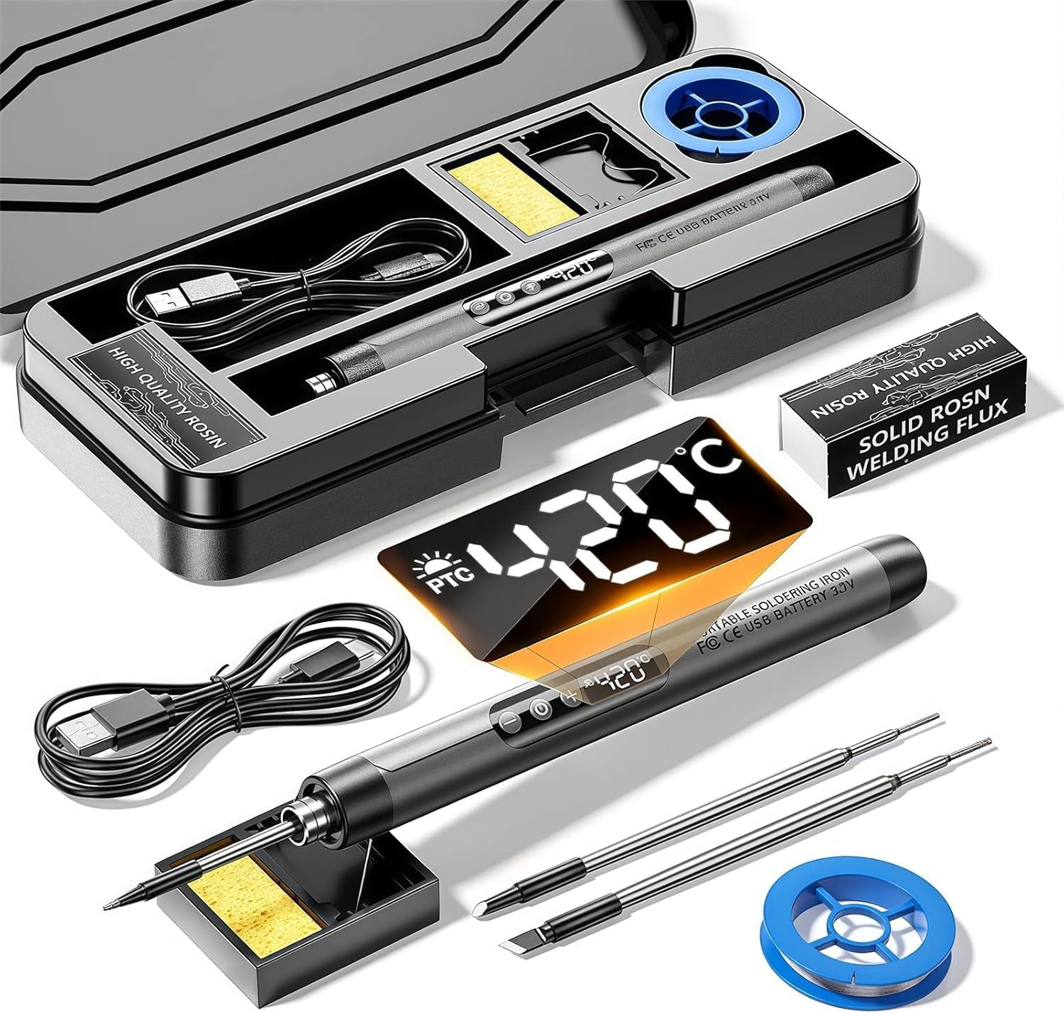 Cordless Soldering Iron Kit, USB-C Rechargeable Soldering Pen with LED Adjustable Temperature 260℃–420℃, Fast Heating Portable Soldering Tool for Electronics Repair & DIY Projects