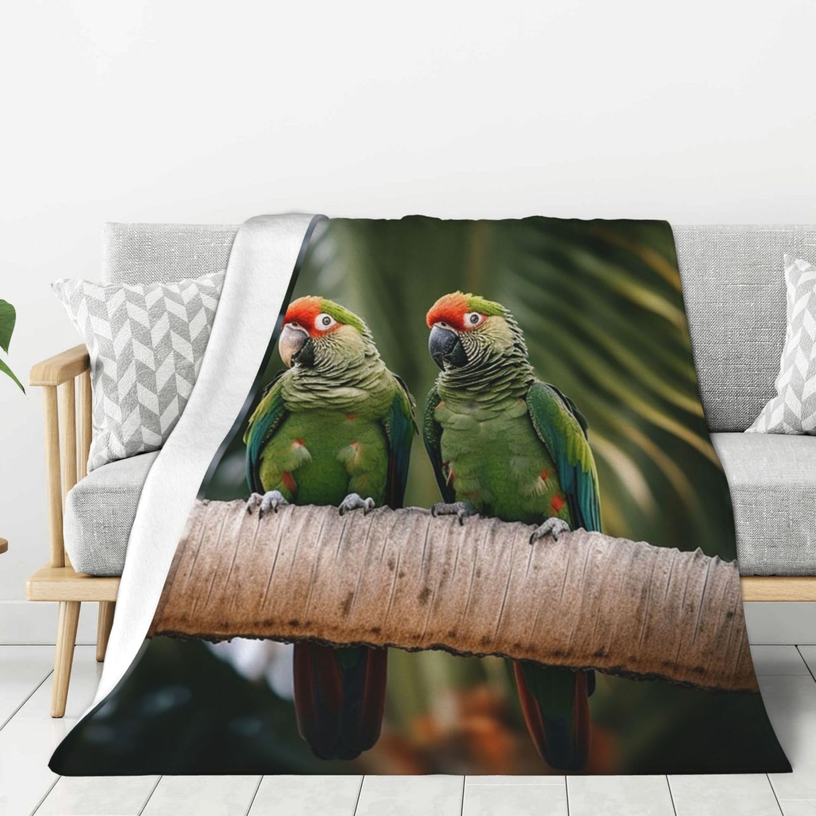 Couverture polaire flanelle de voyage, grand plaid de lit imprimé perroquets verts