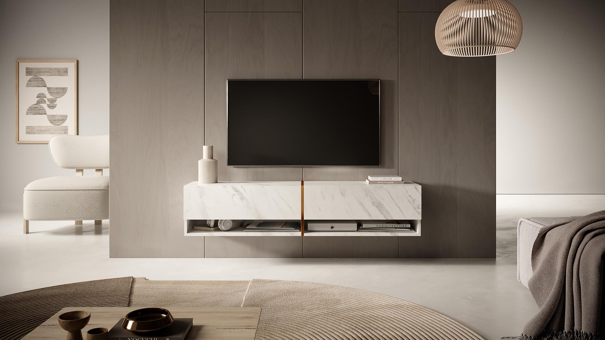 Selsey Mueble De TV Suspendido con 2 Puertas 2 Cajones Mesa De TV para Salón Dormitorio 140 cm Mármol Blanco con Inserción Dorada Mirrgo