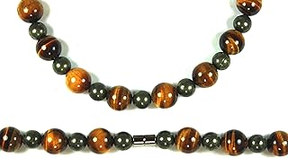 Auras by Osiris | Handmade Tiger Eye Mens Necklace - Pyrite Crystal Prosperity Necklace - Grounding Genuine Gemstone Beaded Mala | Willpower, Protection, Shielding Choker - Jewelry Gift for Mens |