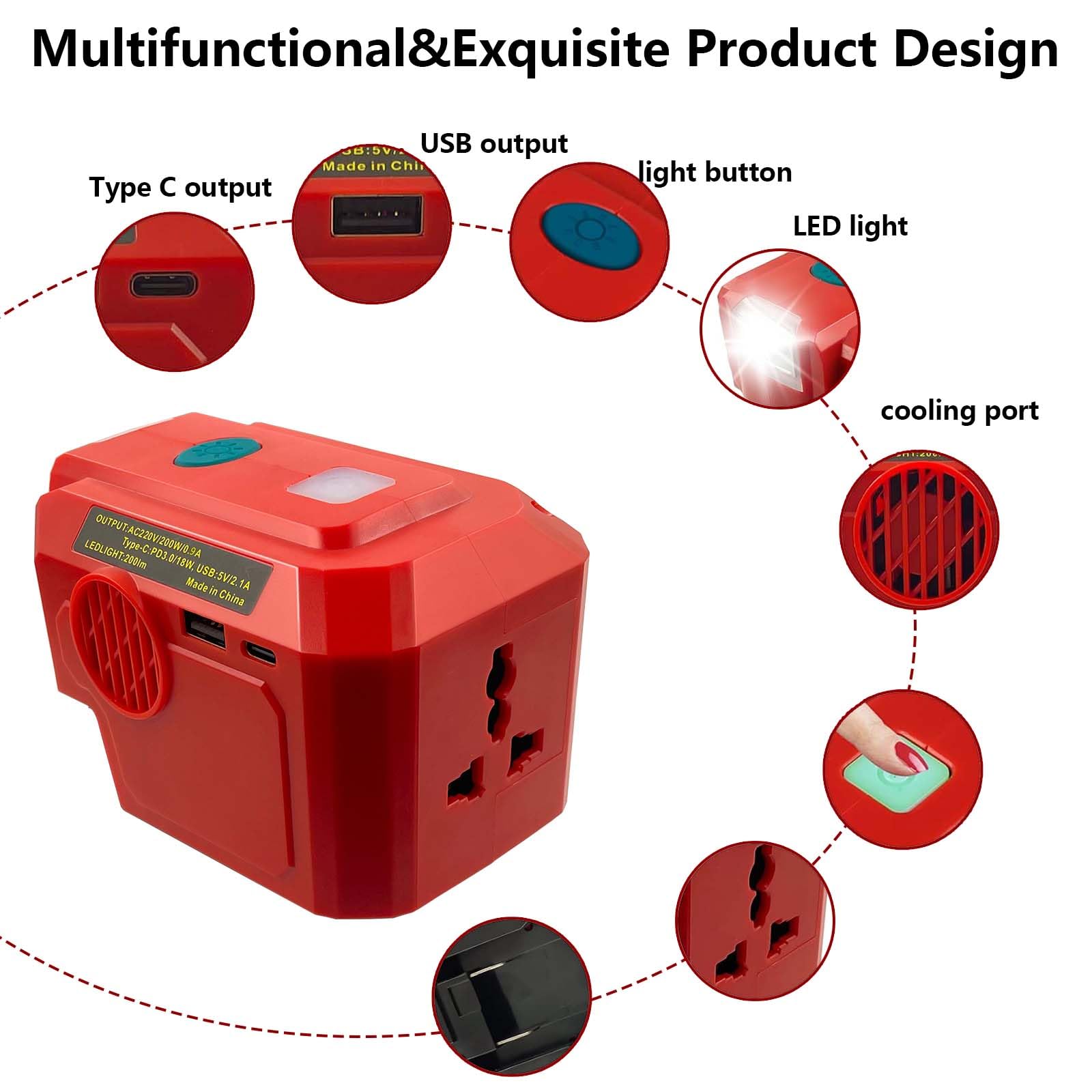 Convertitore per Einhell 18V Batterie, 200W 18V CC a 220 V CA, Adattatore Convertitore per Batterie a Onda Sinusoidale Pura con Lampada LED USB-C 200LM e Prese 230V Inverter per Campeggio