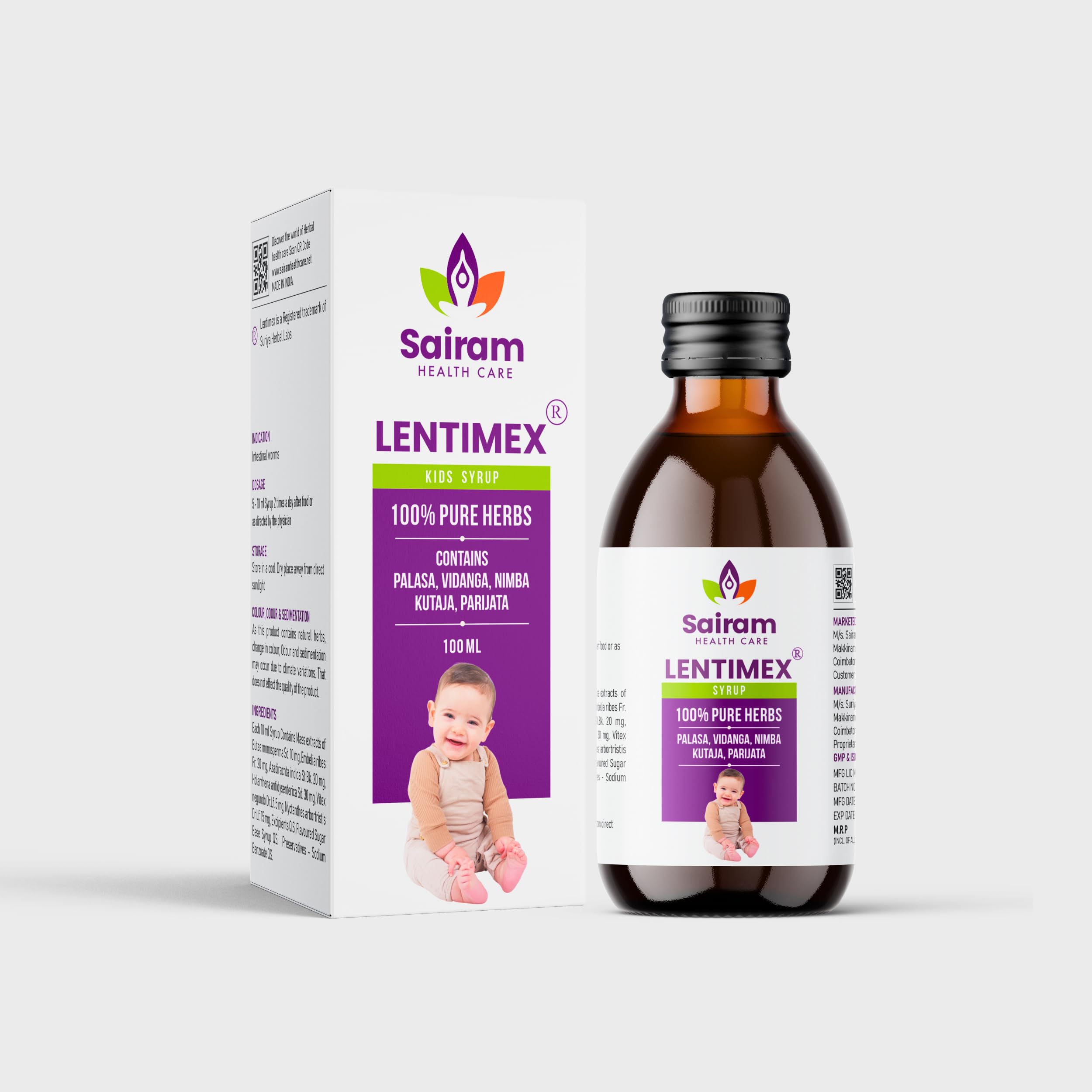 Lentimex Syrup for Intestinal Worms - Ayurvedic Medicine for Ringworms, Parasitic infections, Hookworms, and Pinworms - Composed of 100% Pure Natural Herbs (100 ml X Pack of 3)