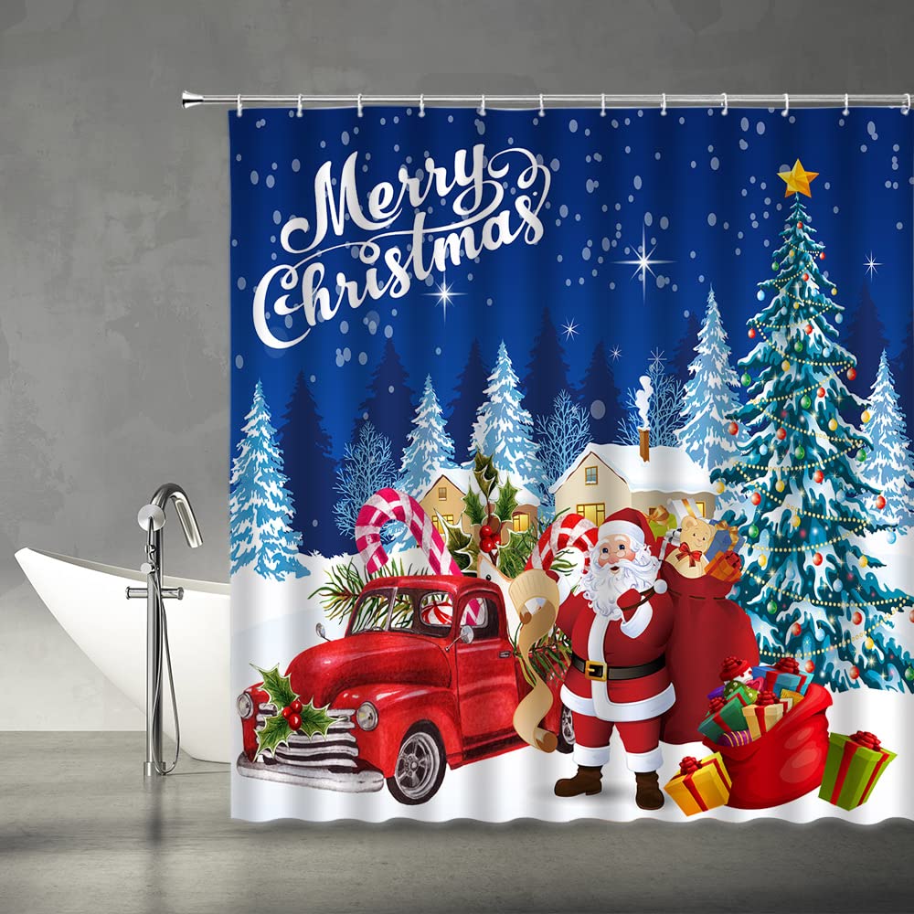 Tenda Da Doccia Natalizia Con Camion Rosso E Albero - 180x180 Cm, Tessuto Impermeabile Con 12 Ganci Per Bagno A Tema Invernale. - 6