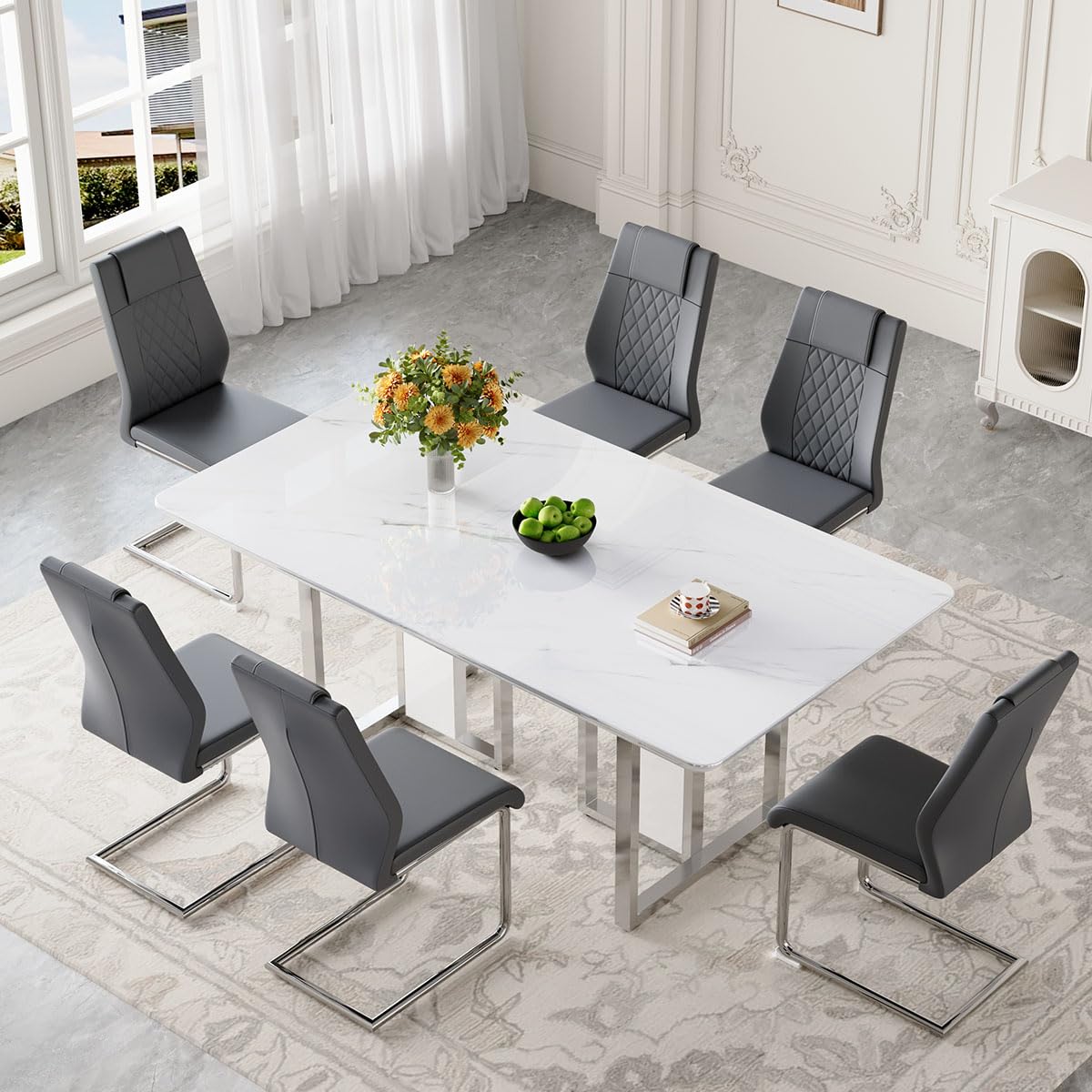 MEMUY 63" White Dining Table Set for 6,7 Pieces White Glossy Kitchen Table Set with 6 Grey PU Chairs,Modern Dining Table Set 6 for Home Kitchen Dining