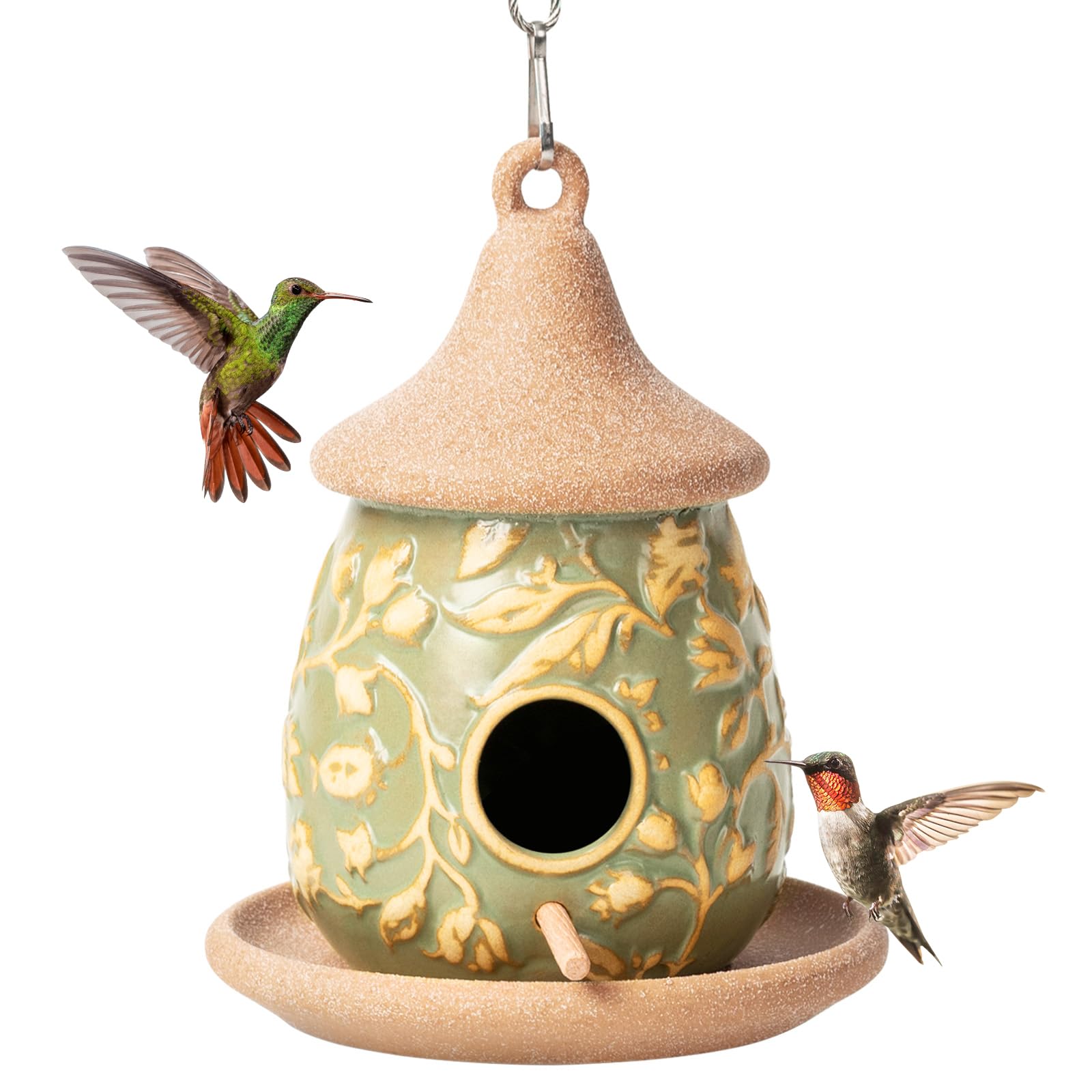 Hanging Bird Houses Ceramic Bird House Feeder with Wooden Pole for Outside Hummingbirds Cardinal Bluebird Nest Birdhouse Pet Cottage for Patio Outdoor Garden Decor