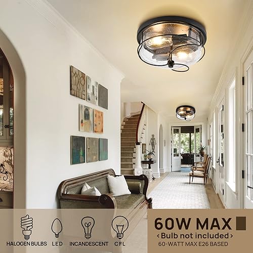 Miniatura 5 de Lámparas de techo de montaje empotrado, 2 luces cerca del techo con pantalla de vidrio sembrado, accesorios de luz negros para techo, para pasillo,