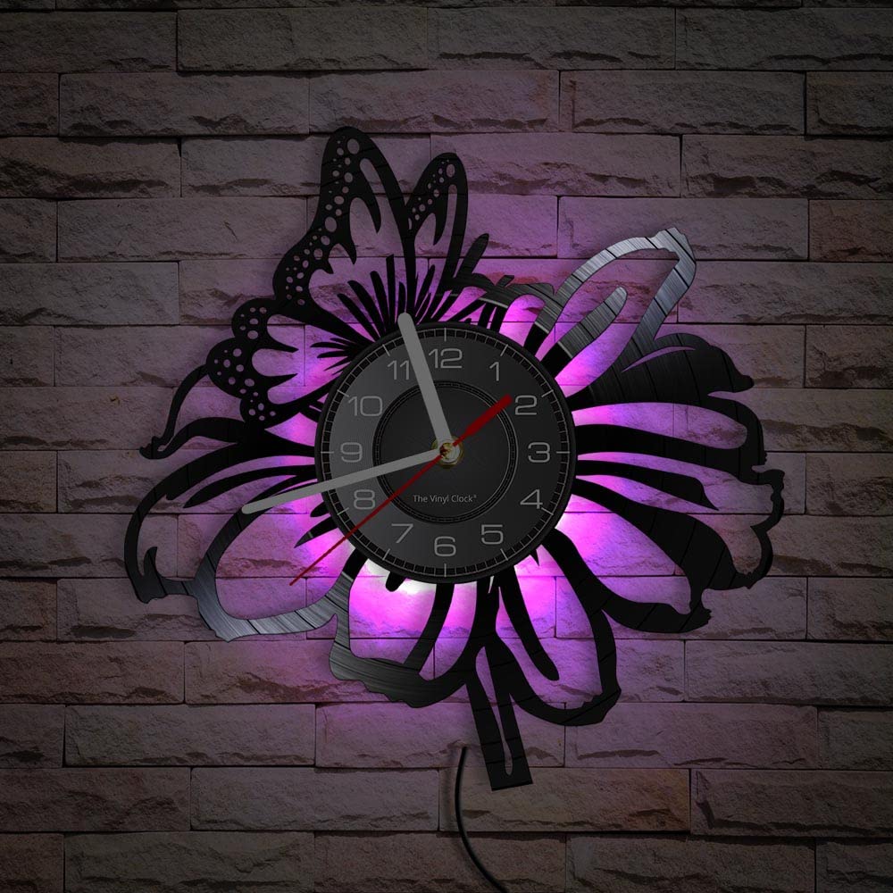 Orologio da parete in vinile, orologio analogico con motivo a farfalla e fiore, con telecomando luce notturna, orologio da parete abbellimento da parete regalo.
